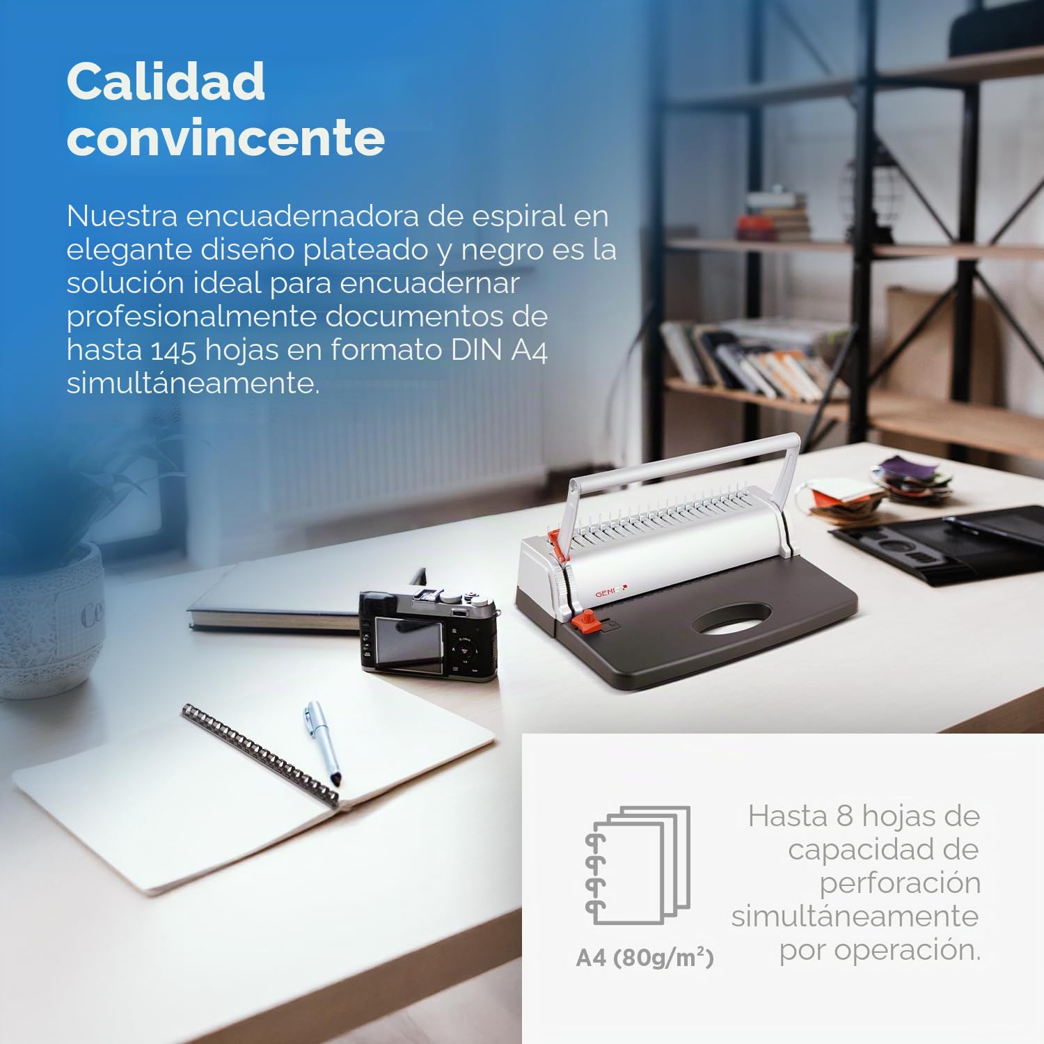 Genie Encuadernador en espiral CB 800 (hasta 145 hojas; DIN A4; incluye juego de encuadernación de plástico) plateado/negro