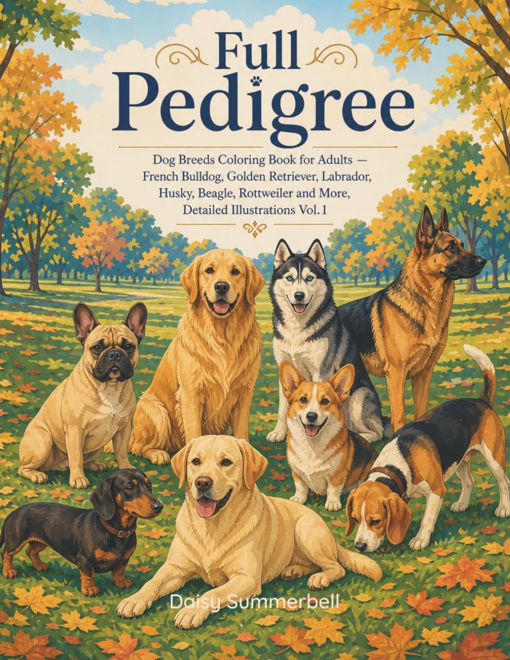 Full Pedigree: Dog Breeds Coloring Book for Adults — French Bulldog, Golden Retriever, Labrador, Husky, Beagle, Rottweiler and More, Detailed Illustrations Vol.1 (True to Breed)