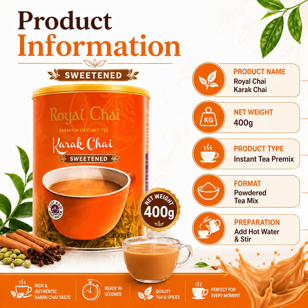 Royal Chai Karak Chai gesüßte Dose 400g (6 Stück) - Premium Instanttee - Karak Tee - Natur - Instant Kark Indianer Tee
