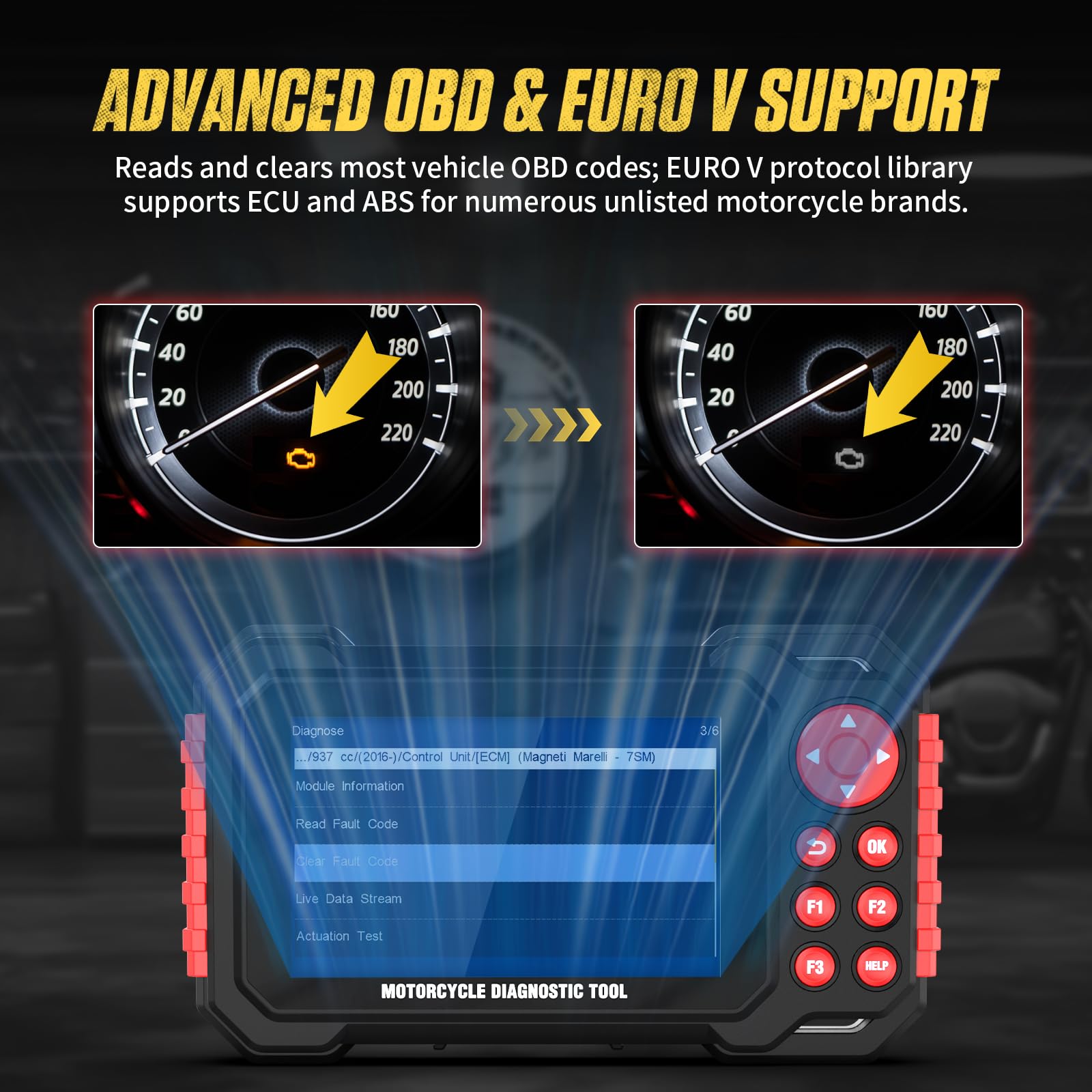 Strumento di diagnosi per moto M7 – Scanner completo OBDII con lettore di codici e display IPS da 5 pollici, oltre 70 marche e 100+ funzioni di servizio, riconoscimento automatico del VIN