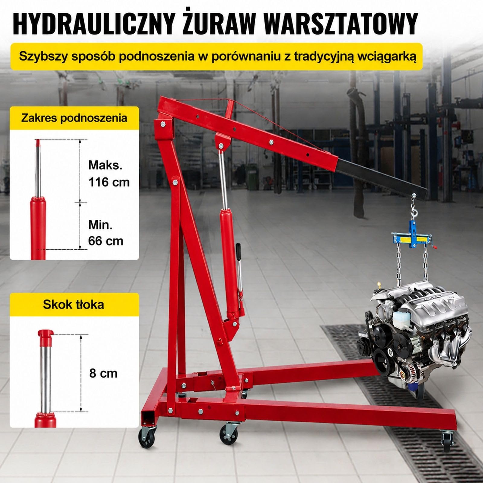 Hydrauliczny long ram podnośnik 8 ton, ręczna pojedyncza pompa, do żurawia warsztatowego