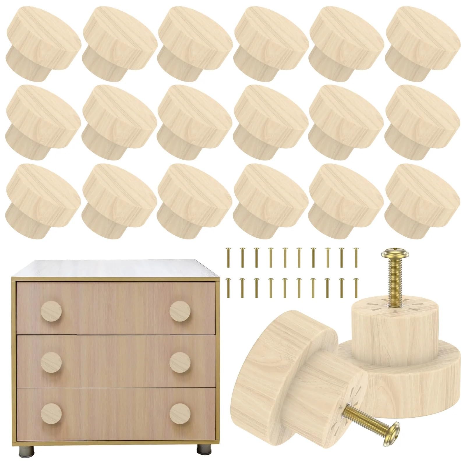 bogniga Handles 20pcs Wood Knobs 1.4" Wooden Dresser Knobs Round Wood Drawer Pulls Natural Cabinet Knobs