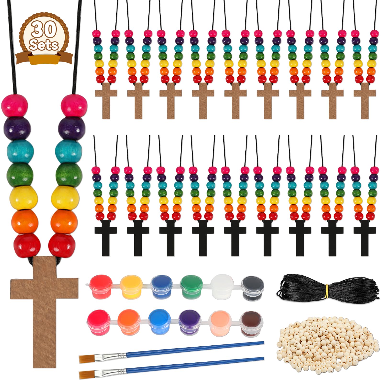 Qyeahkj 30 Pack Christian Nativity Wood Cross Necklace Sunday School Jesus Easter Craft Kit for Kid Bulk Coloring You Own Cross Beads Ornaments DIY Wooden Painting for Boy Girl Christmas