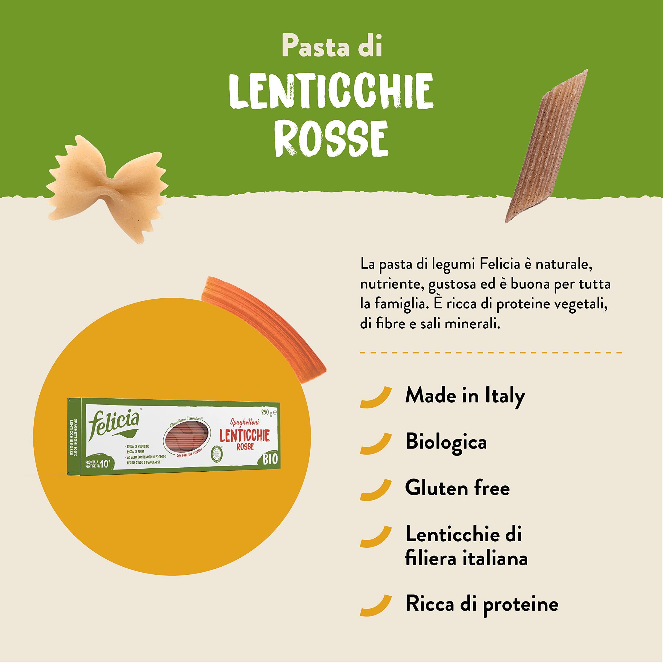 Felicia, Spaghettoni di Lenticchie Rosse, Pasta di Legumi Naturale e Biologica, Ricca Fonte di Fibre, di Proteine Vegetali e di Sali Minerali, Senza Glutine, Box da 18 Confezioni