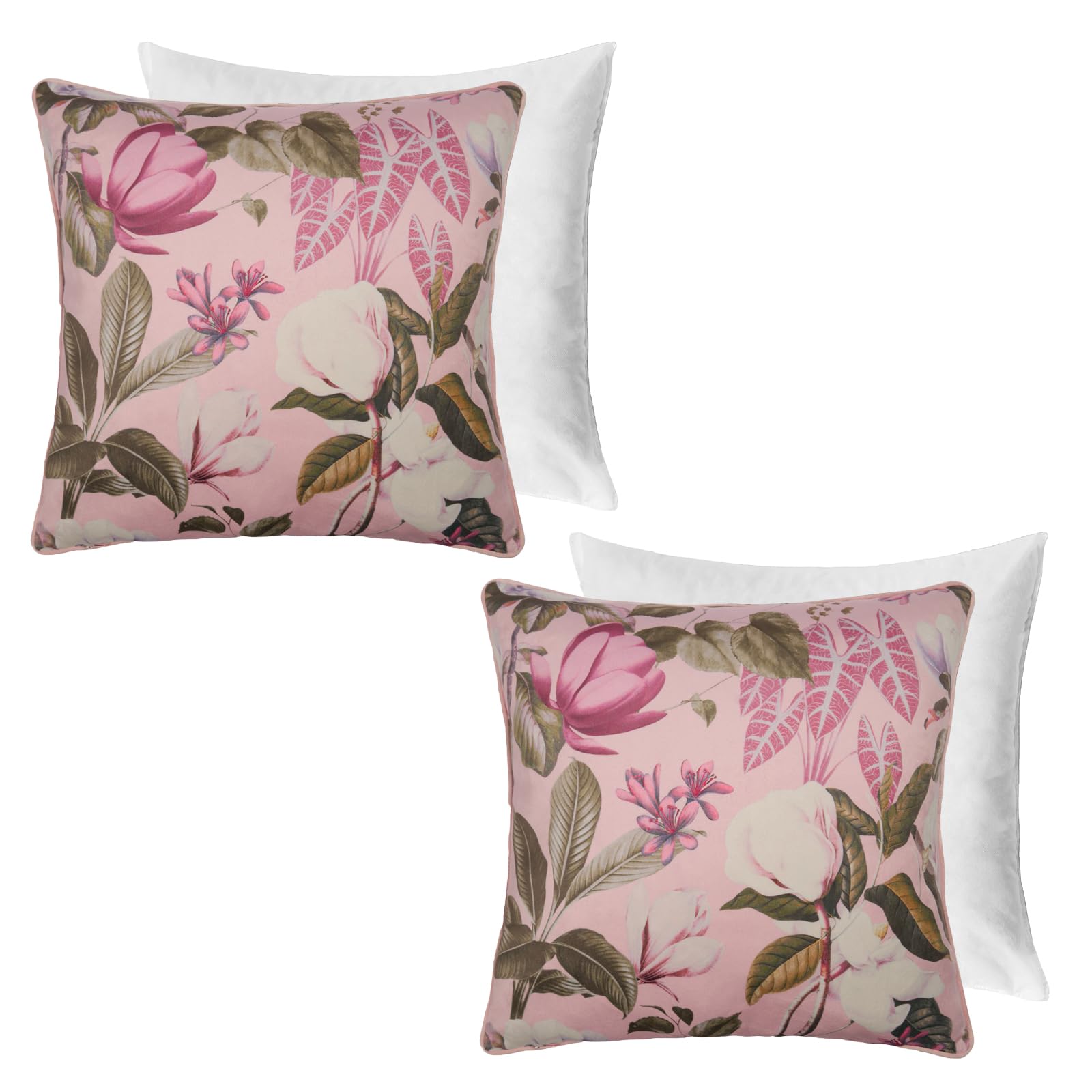 Ohs Blush Filled Cushion Covers 2 Pack Matte Velvet Floral Botanics, Ultra Soft Velvet Floral Design Pillowcases With Invisible Zipper For Sofa Bed Livingroom, -45X45cm