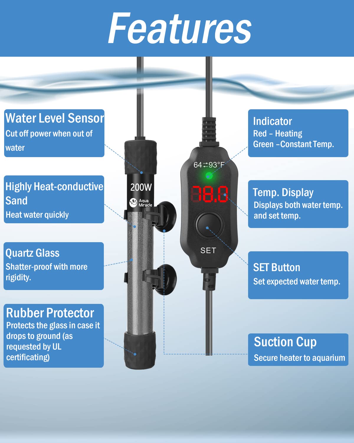 Curated visual reference: Gallon Aquarium Heater With Led Reference: Submersible Water Heater Aquamiracle 50W Small Aquarium Heater With