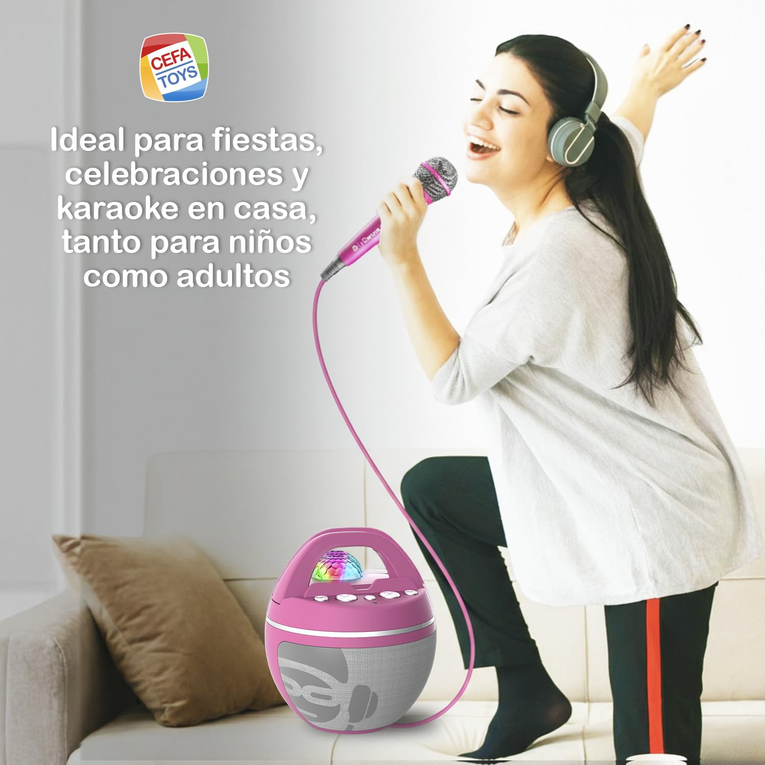 Cefa Toys - iDance Speaker Karaoke Party Ball - Color Rosa - Altavoz Karaoke Bluetooth con 2 Micrófonos Inalámbricos y Luces de Discoteca - 40W Portátil con Batería Recargable - Soporte para Móvil y T