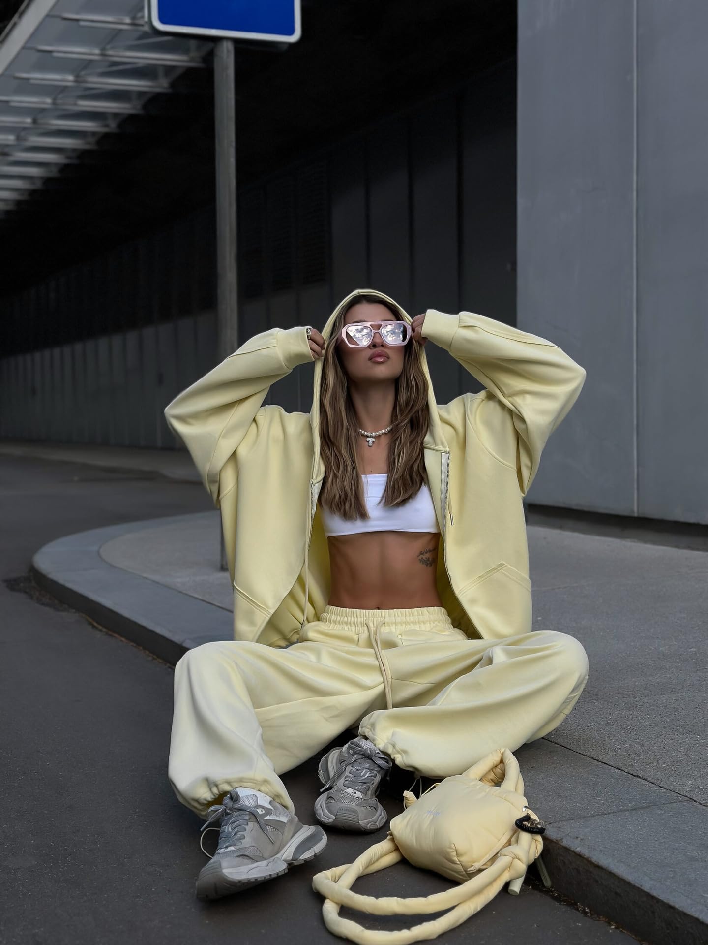 Abito casual tinta unita a maniche lunghe cerniera felpa con cappuccio giacca stringata pantaloni larghi set due pezzi