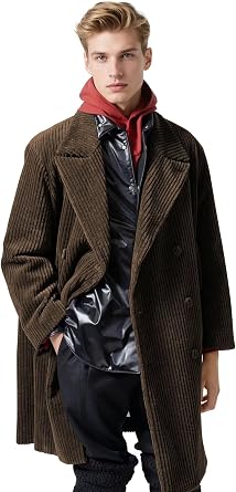Mens Corduroy Trench Coat Peacoat Winter Double Breasted Mid Long Coats Casual Fall Christmas Fashion Overcoats