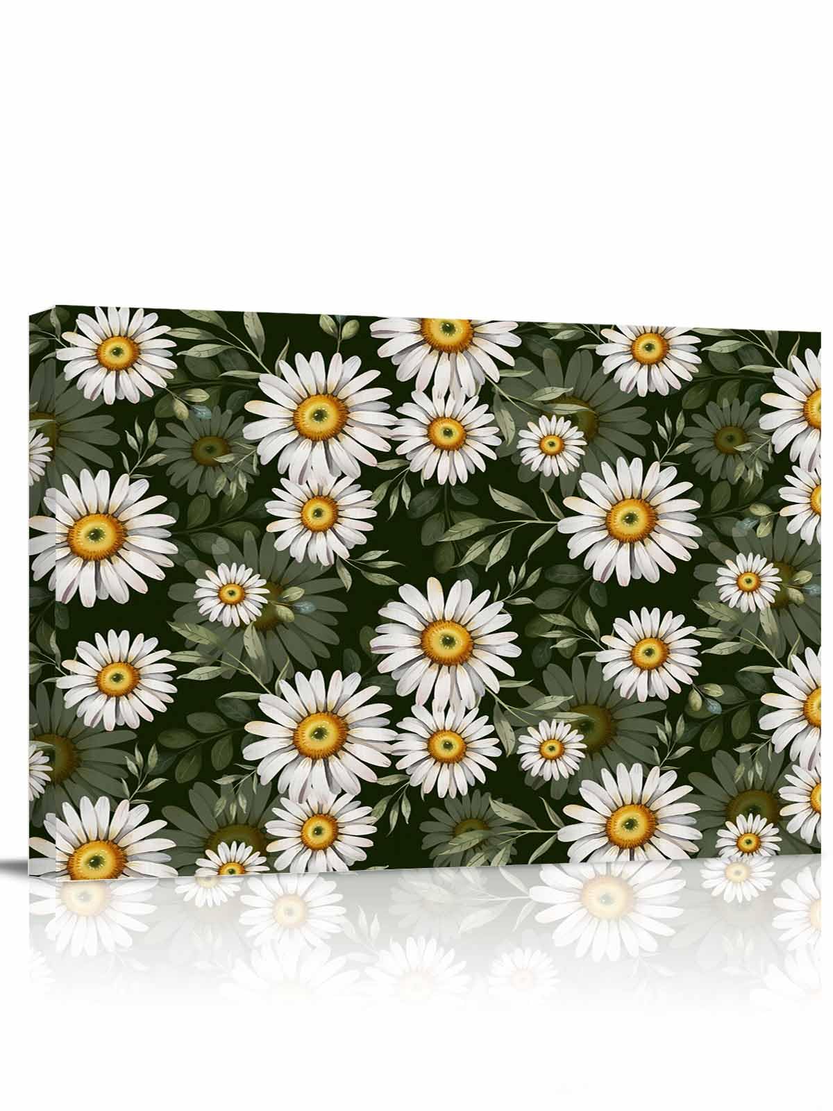 Canvas Wall Art Picture Prints Summer White Daisy Flower Oil Painting Artwork on Canvas for Bedroom Living Room Bathroom Green Leaves Seamless