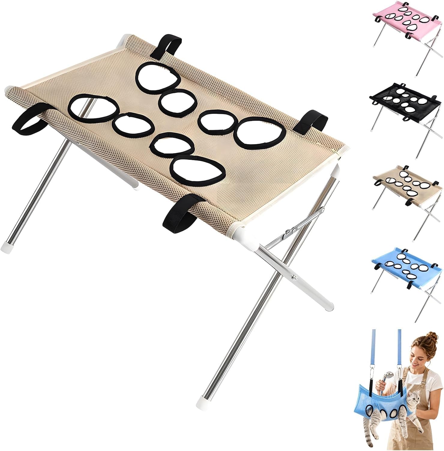 Pet Bath Table - Quick Dry Mesh Foldable Grooming Hammock with Holes, Brown, Pet Hair Remover Gloves