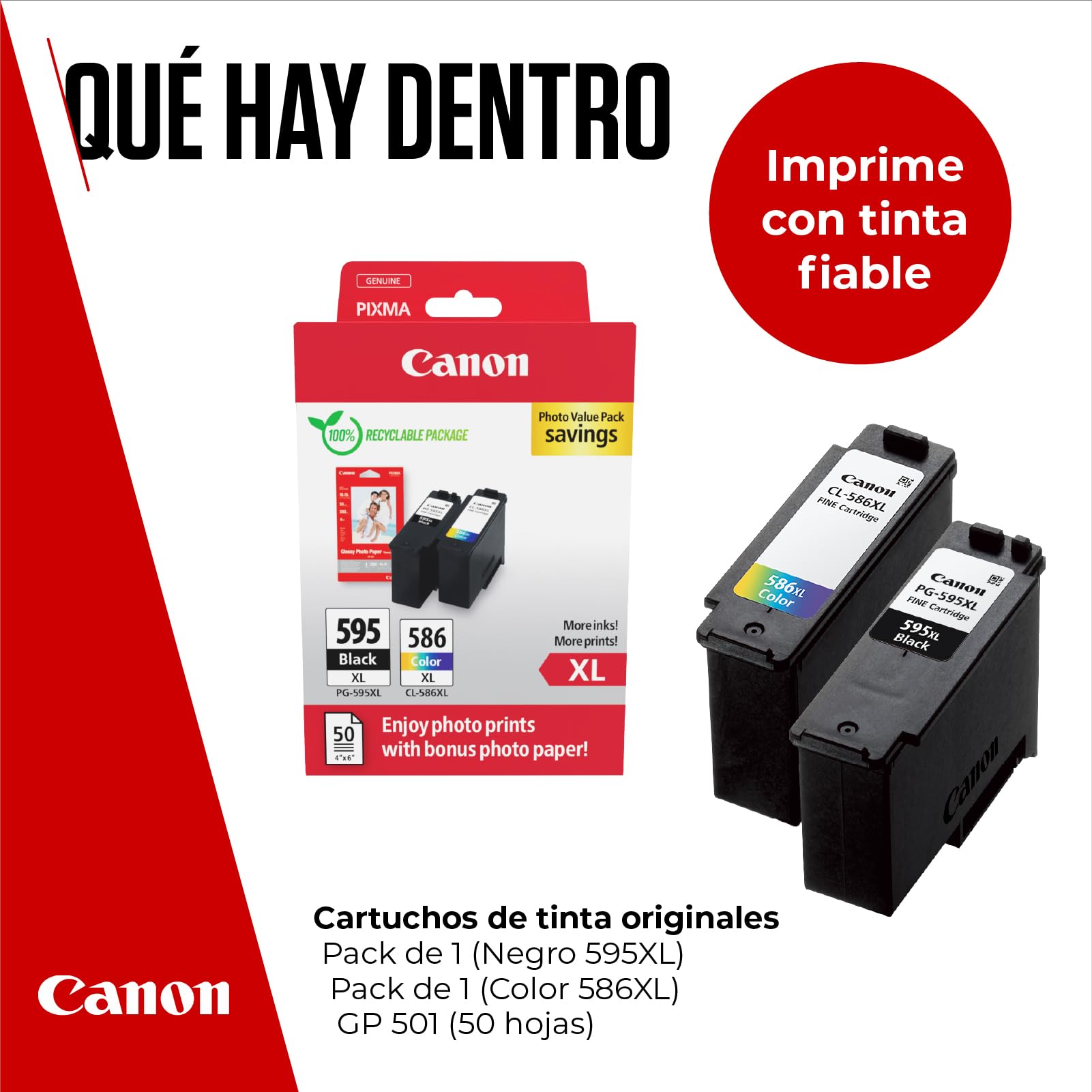Canon PG-595 XL/CL-586 XL Cartuchos de Tinta Original, 1 Cartucho Negro y 1 Cartucho Color, Incluye Papel fotográfico 4x6 (50 x Hojas) GP-501