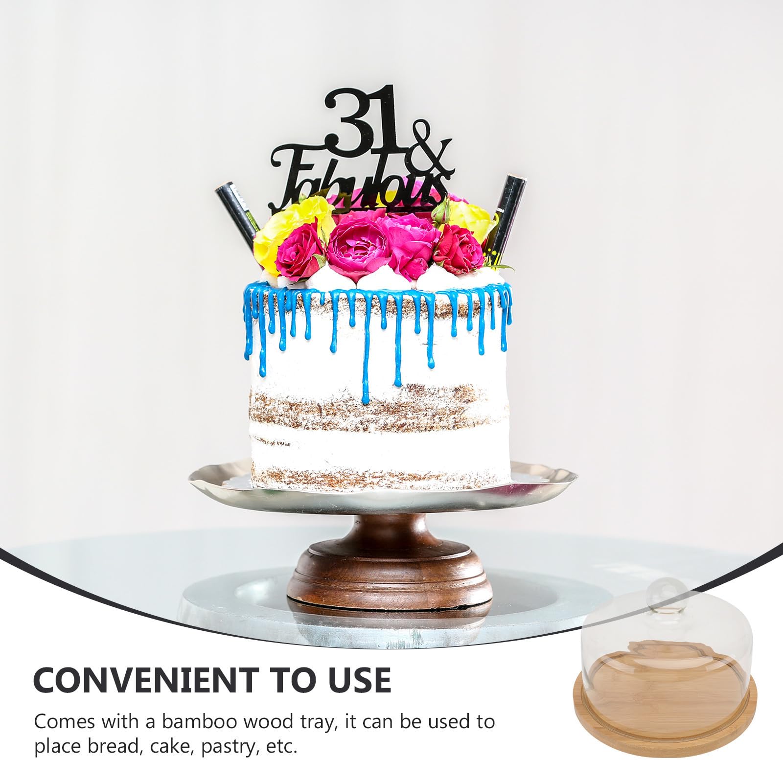Zerodeko Set per Dolci Vassoio Girevole in Bamboo e Coperchio in Vetro Trasparente, per Mantenere Puliti Snack e Pasticceria in Occasione di Housewarming