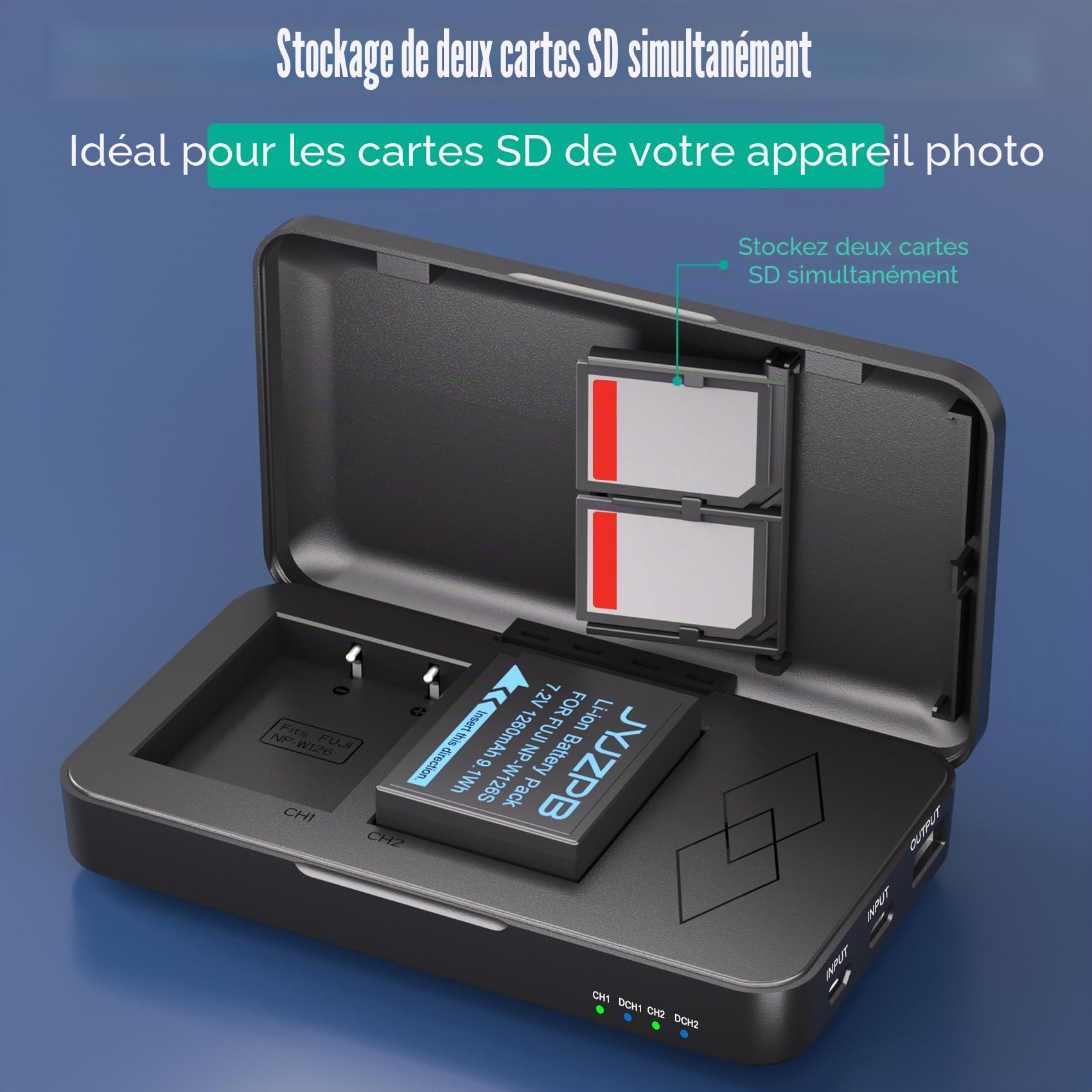 JYJZPB Pack de 2 piles NP-W126S Compatibles avec Fujifilm XM5, X100VI XT30ii XT3 XT2 XT1 A10 XA7 A5 A3 A2 A1 XT20 XT10 XT30 XT100 XT200 Appareils photo Fuji avec chargeur de piles NP-W126