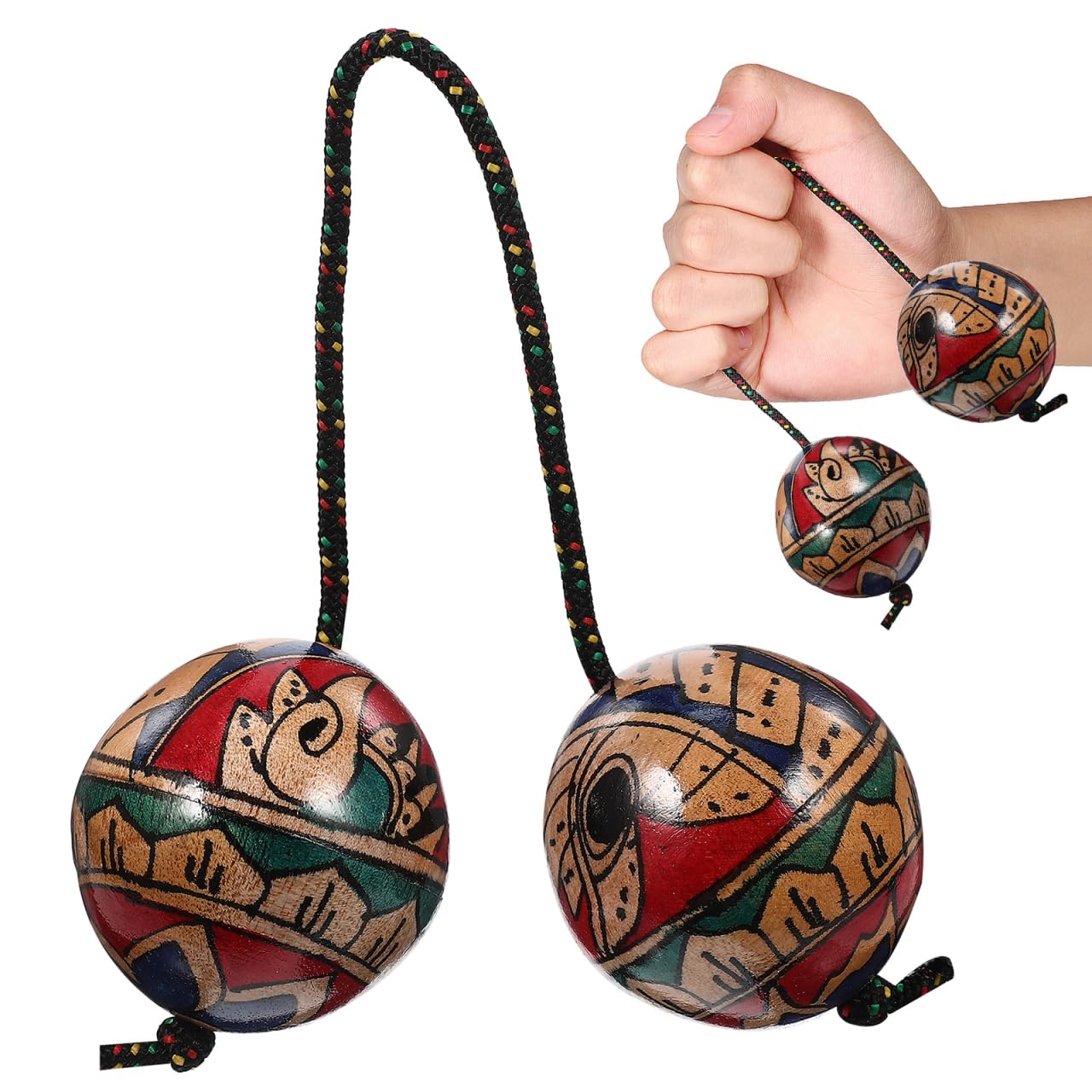 Hand-Painted Aslatua Shaker, Wooden African Kashaka Double Ball Percussion Instrument with Adjustable Cordfor Beginners & Professionals