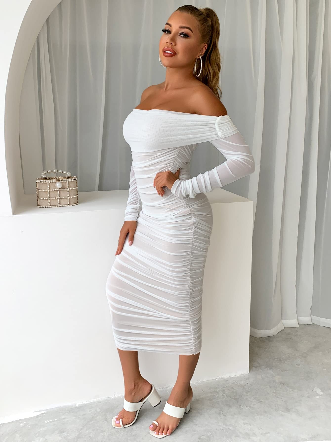 Amazon.com: Neeno Women's Dresses Off Shoulder Ruched Mesh Bodycon Dress  Dress for Women (Color : White, Size : X-Large) : Clothing, Shoes & Jewelry