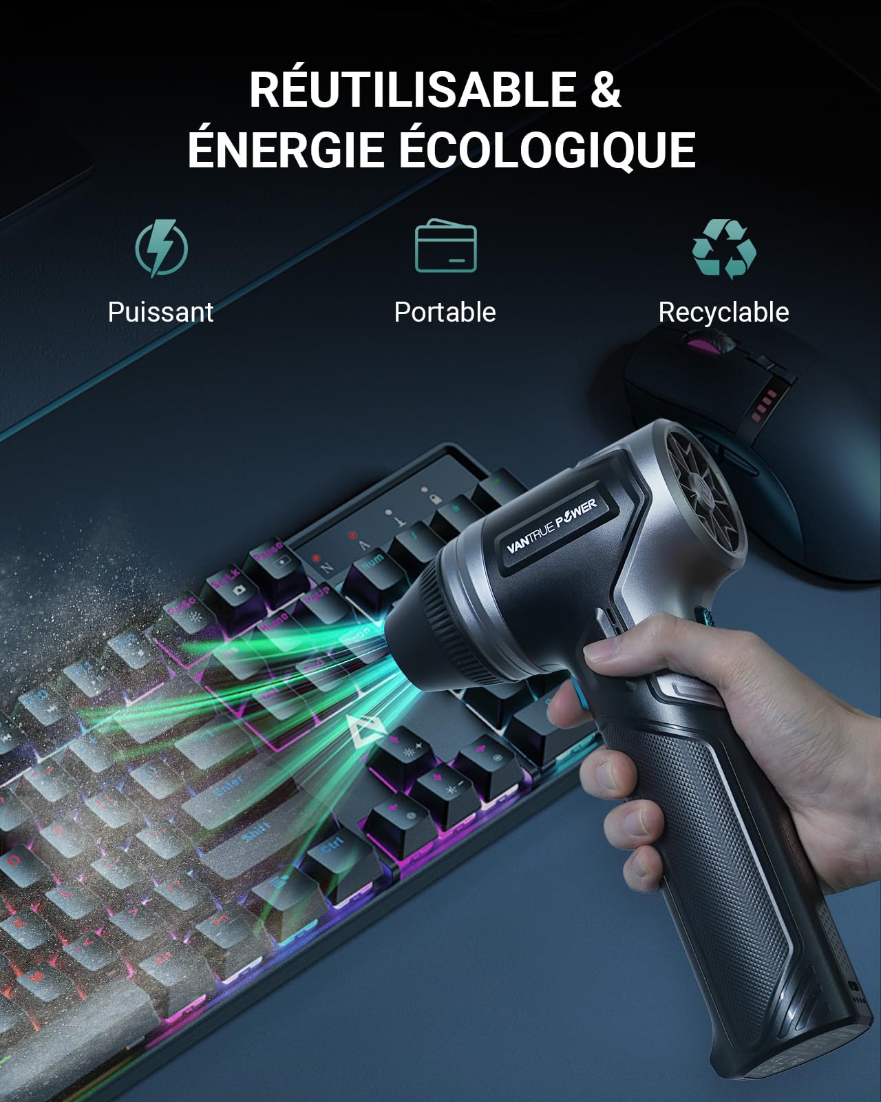 T800 Souffleur Air Comprimé – 800G Pression max, souffleur puissant sans fil, moteur sans balais rechargeable et durable, 3 vitesses réglables pour clavier, voiture, maison, ter