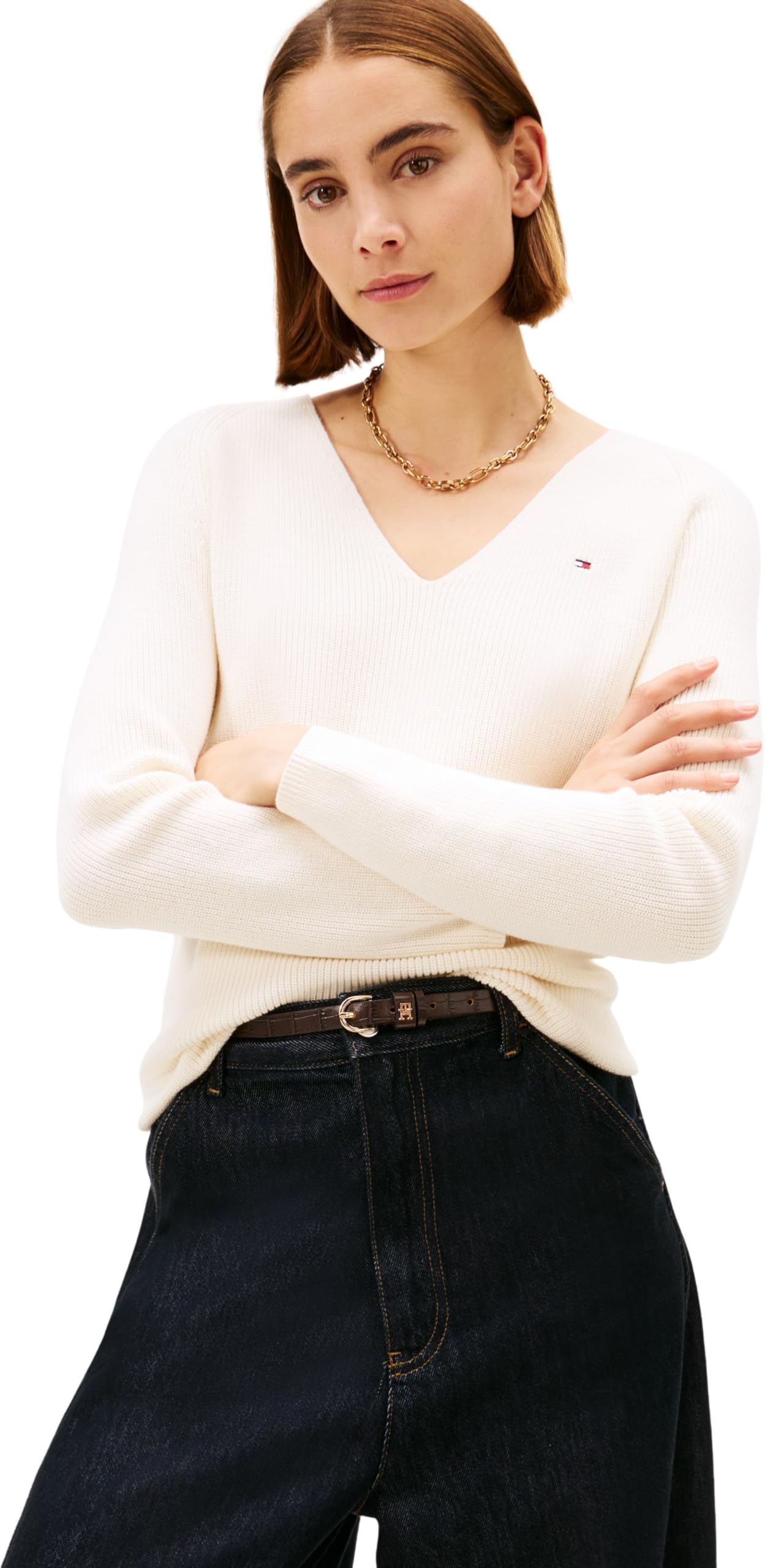 Tommy Hilfiger Women’s Fine Knit V-Neck Jumper, Off-White (Ivory Petal), 3XL