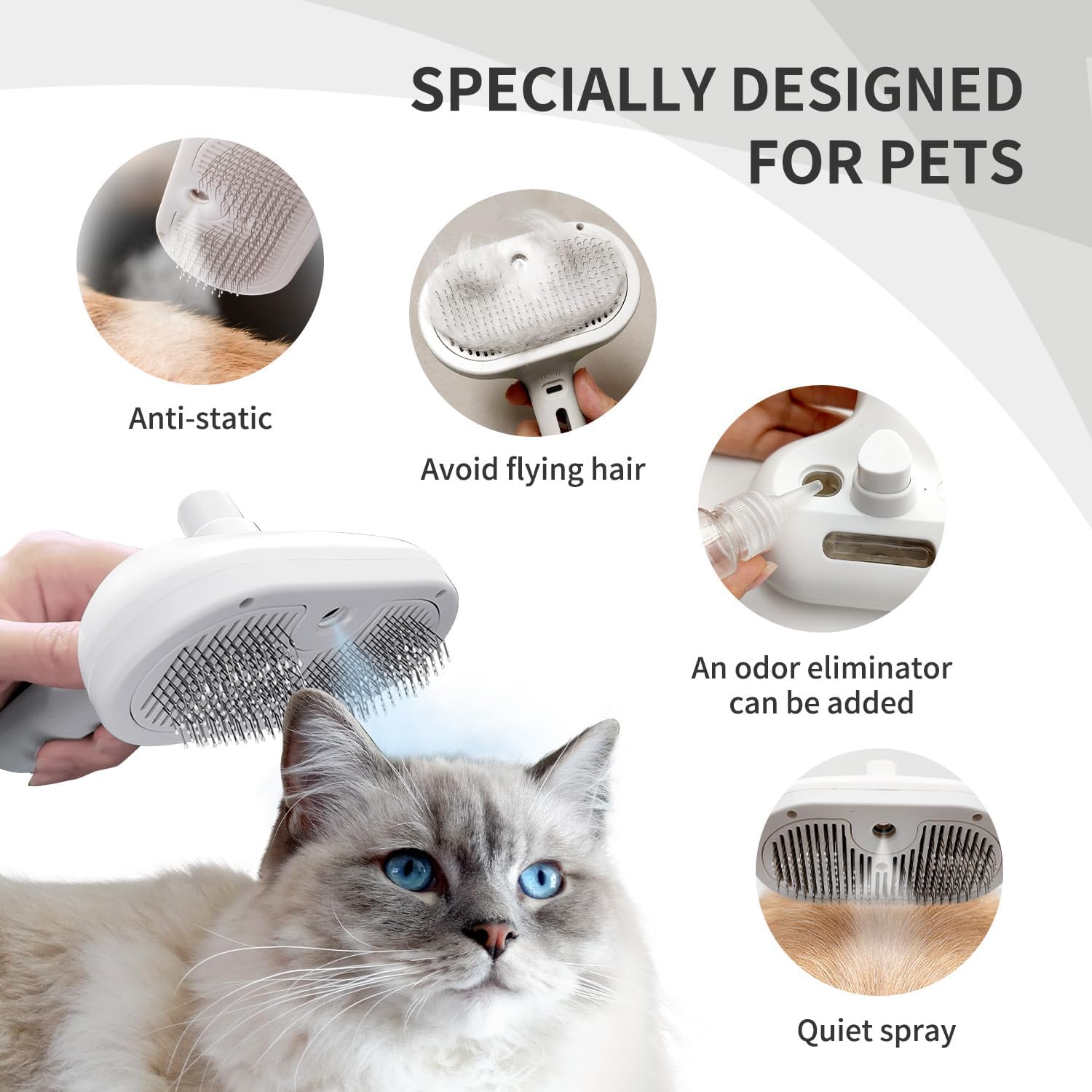 Spazzola a Vapore 2 In 1 per Gatti e Cani - Con Spruzzo per Rimuovere Peli Aggrovigliati - Per Capelli Lunghi/Corti
