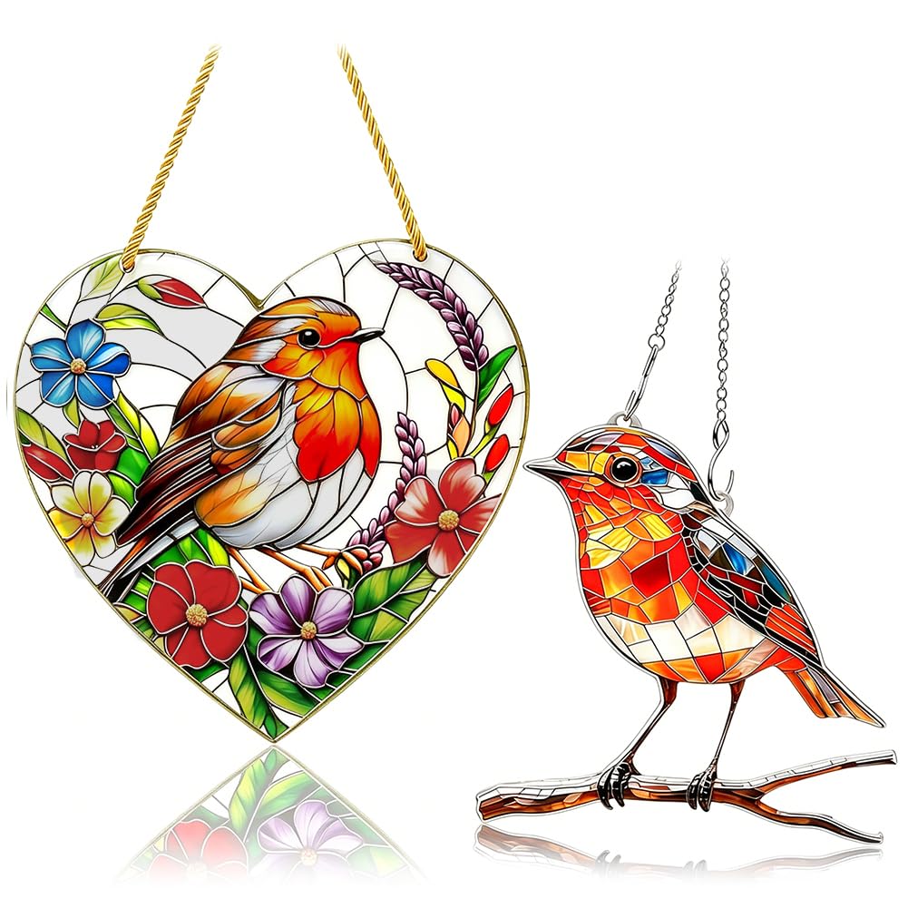 Zappelstift Women's Light 2Pcs Sun Catchers For Windows, Sun Catcher Large Heart - Shaped Robin Bird Suncatcher With Stained Effect - Ideal Hanging Window Decor