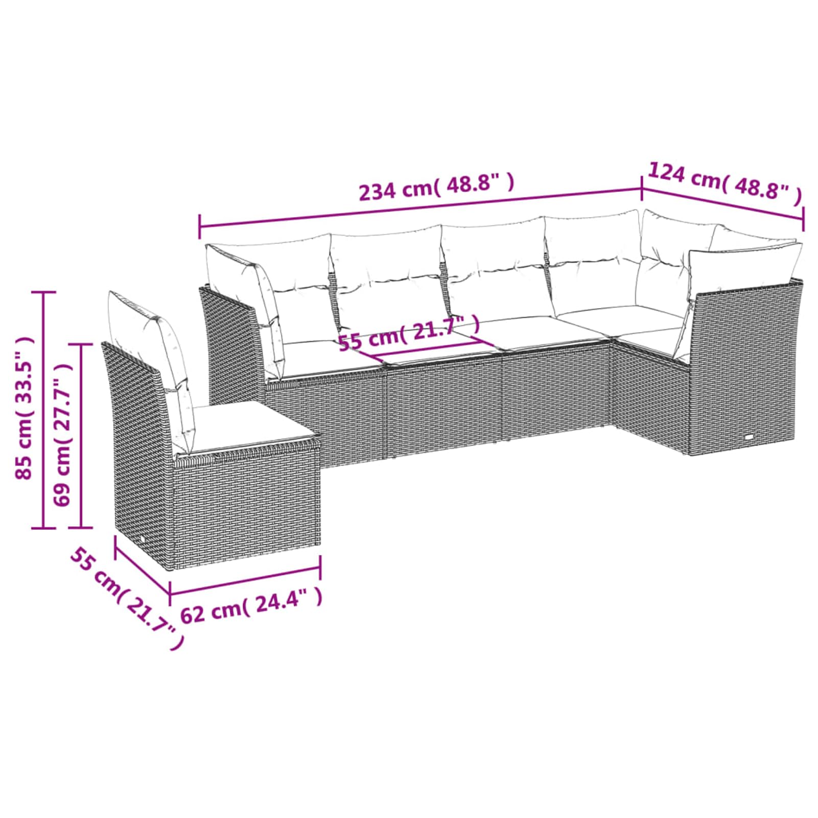 Set Divano da Giardino 7 Pezzi, con Cuscini Sfoderabili e Lavabili, Polyrattan PE Resistente agli UV, Tavolino in Vetro Temperato, per Terrazza, Cortile e Patio