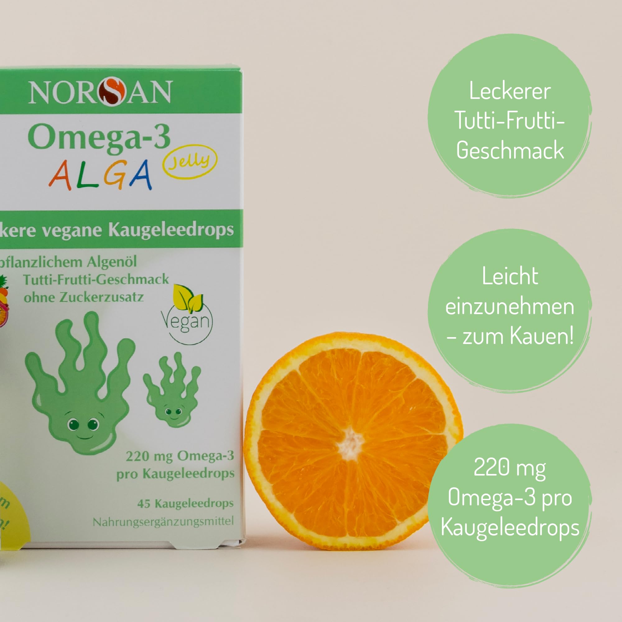 NORSAN Omega 3 ALGA JELLY 45 hochdosiert 45 Stück - Omega-3 vegan hochdosiert 220mg pro Kaugeleedrops - veganes Algenöl mit EPA & DHA - mit Tutti-Frutti-Geschmack