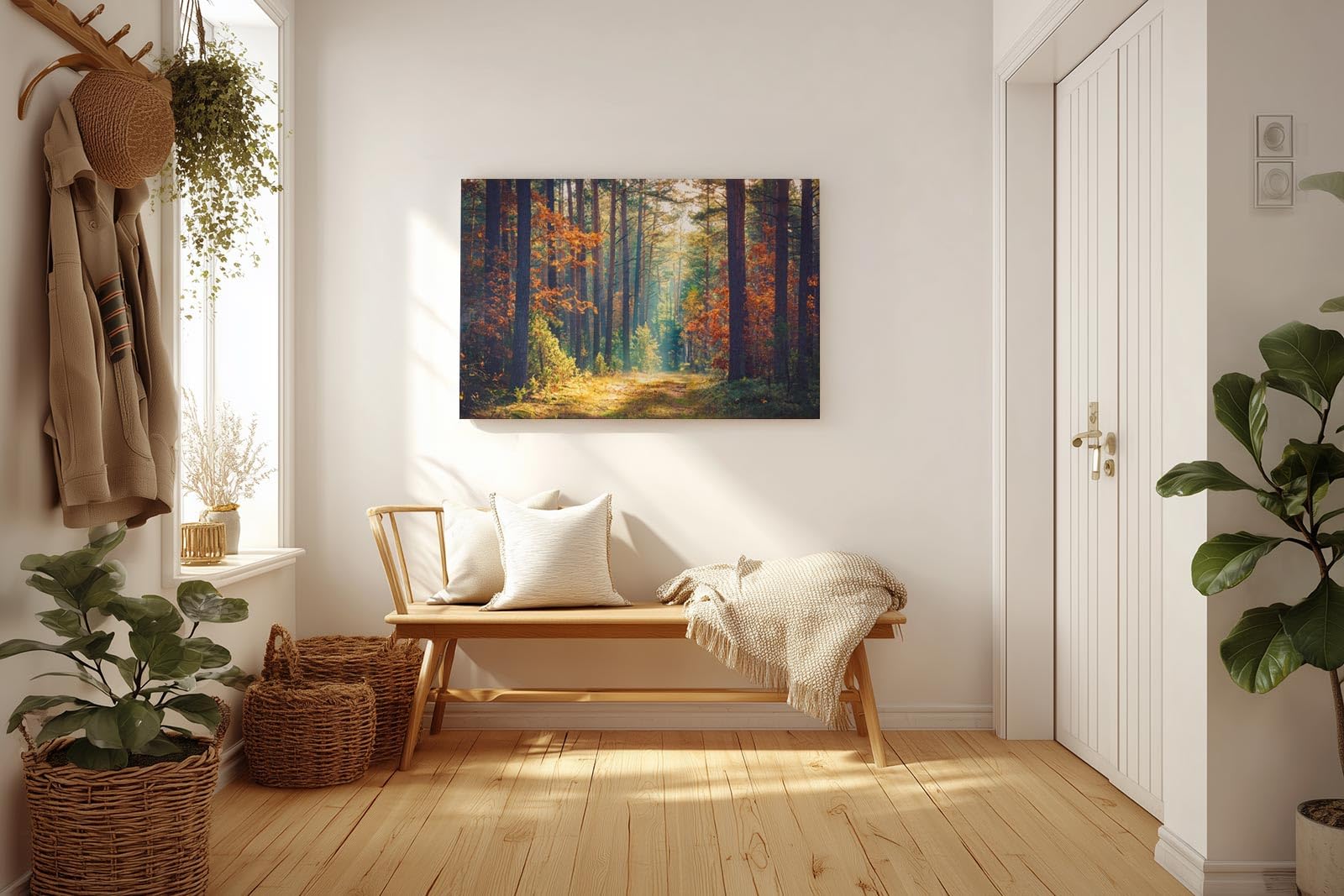 Sinus Art Wandbild 120x80cm Waldweg durch herbstlich gefärbten Wald mit Lichtspiel für gemütliche Raumwirkung
