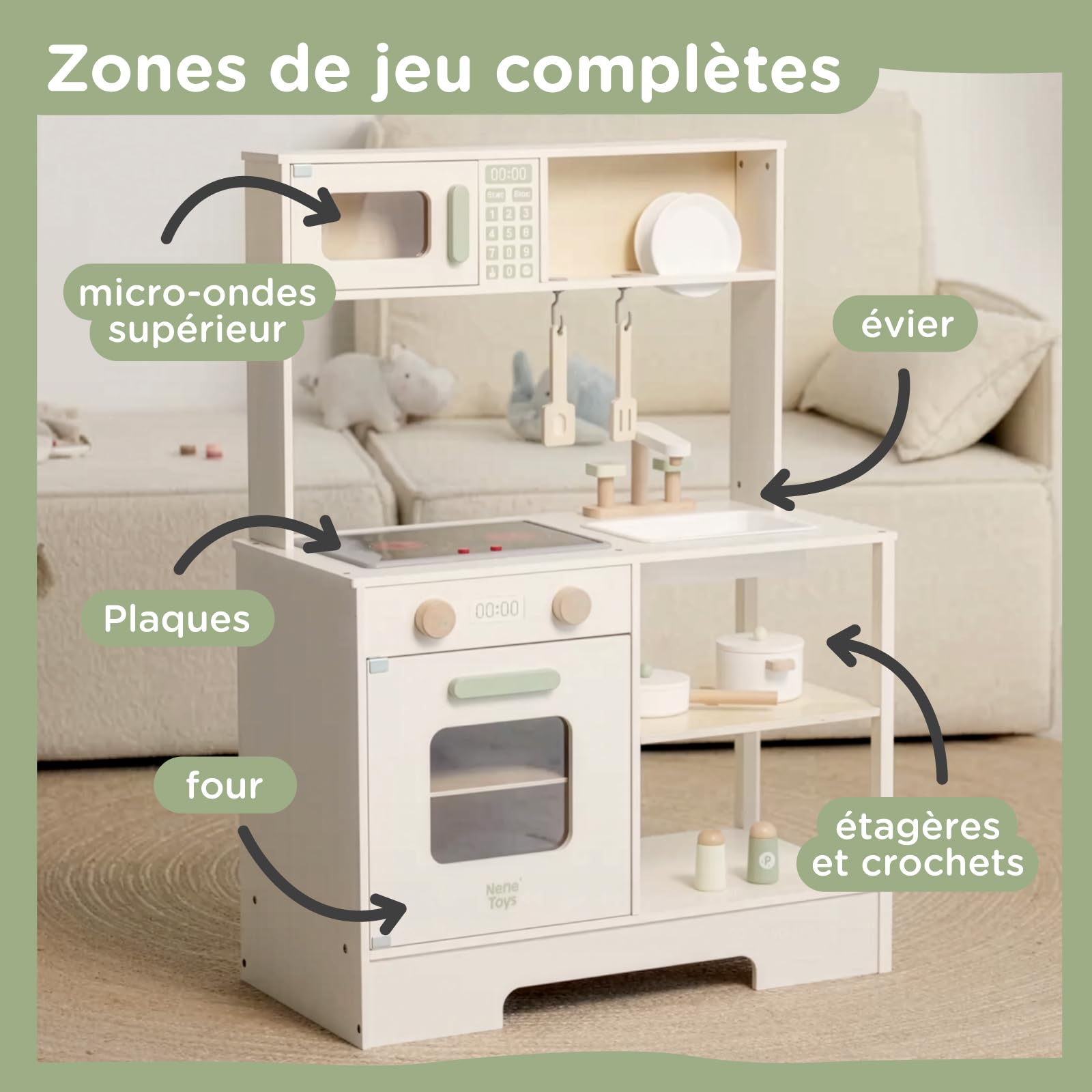 Nene Toys Cuisine Enfant en Bois – Cuisine Jouet pour Enfants avec Lumière et Son, Évier, Micro-Ondes et Four, Étagères et Crochets + Accessoires – Jeu Montessori dès 3 Ans – Cadeau Filles et Garçons