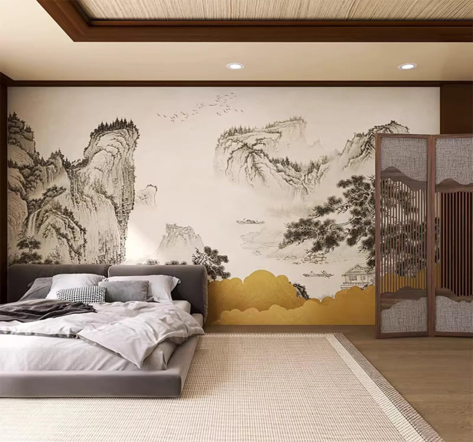 Wallpaper-3D-Xlm 350Cm×256Cm(B×H) Retro Black And White Ink Wash Landscape Aesthetic 3D Wallpaper Easy Install Feature Office Living Room Sofa Bedroom Tv Background Wall Decoration-350Cm×256Cm