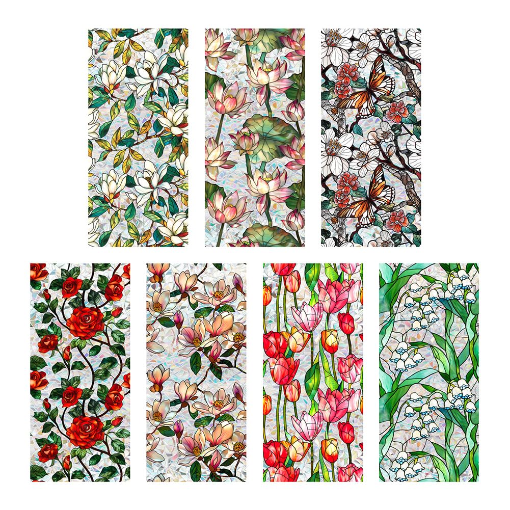 Fiorky Flowers Window Privacy Film Static Cling Stickers Stained Glass Decals (Rose)