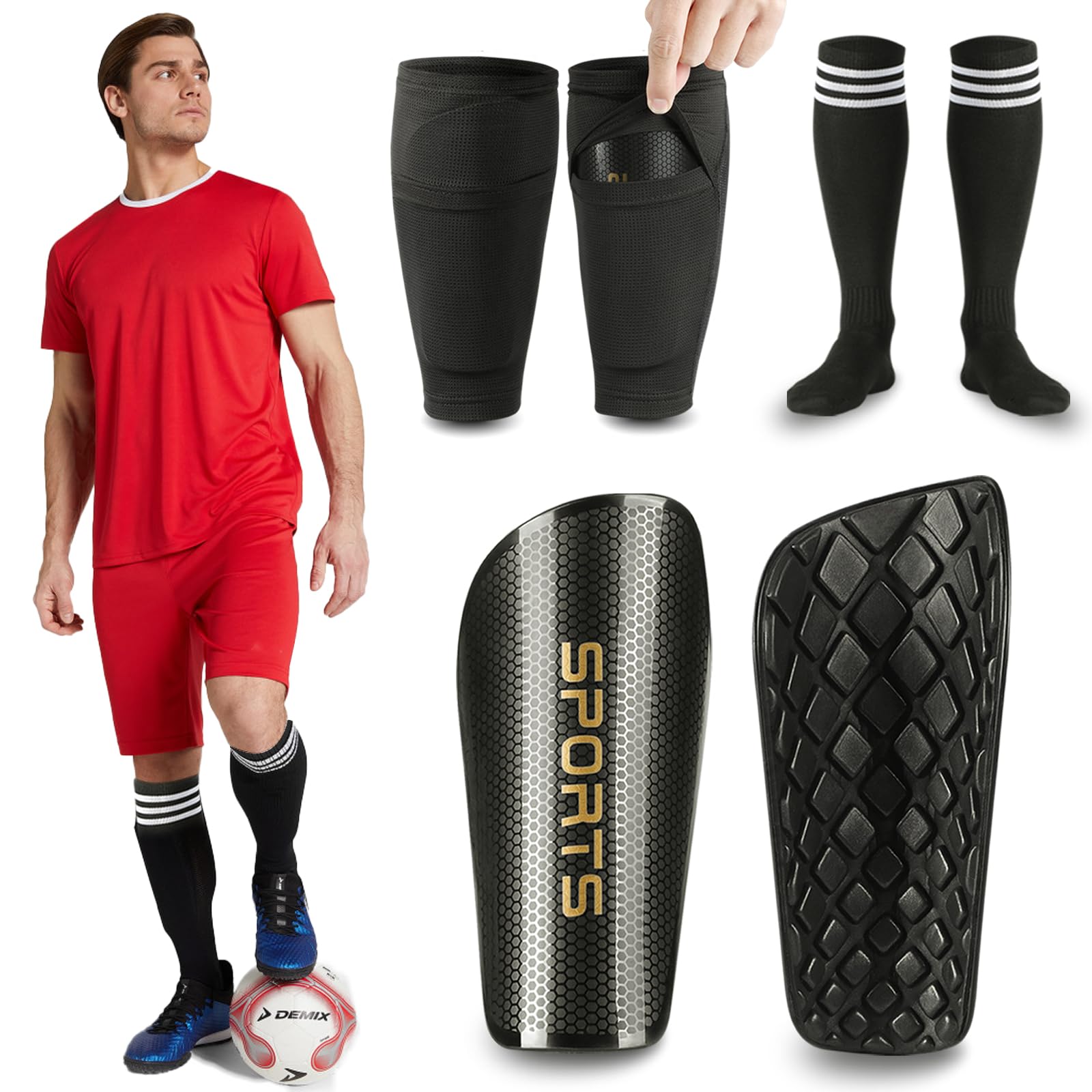 Photo 1 of Soccer Shin Guards for Kids Youth Adults, Sports Shin Guard Sleeves with Optimized Insert Pocket, Calf Protective Gear Shin Guards for Boys Girls Men Women (Black, XL)