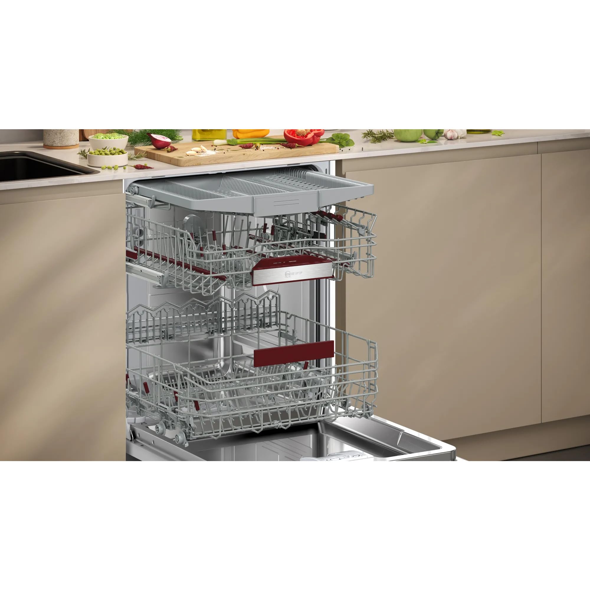 NEFF S125ECS15E, N 50, Lavavajillas empotrables inteligentes de 60 cm, fabricado en Alemania, cajón para cubiertos, muy silencioso, Open Dry, limpieza potente con Chef 70°C, Aqua Stop, acero cepillado
