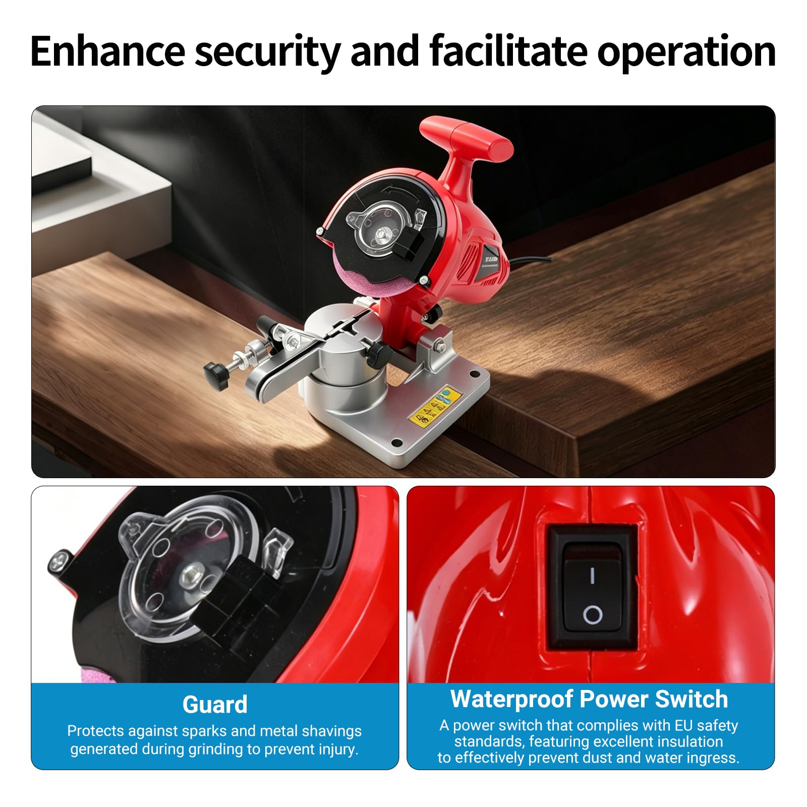 Afilador de motosierra eléctrico, afilador de cadena de sierra portátil de banco de 250 W con ángulo ajustable, amoladora de cadena de alta velocidad de 8400 rpm, afilador rojo resistente para cadenas