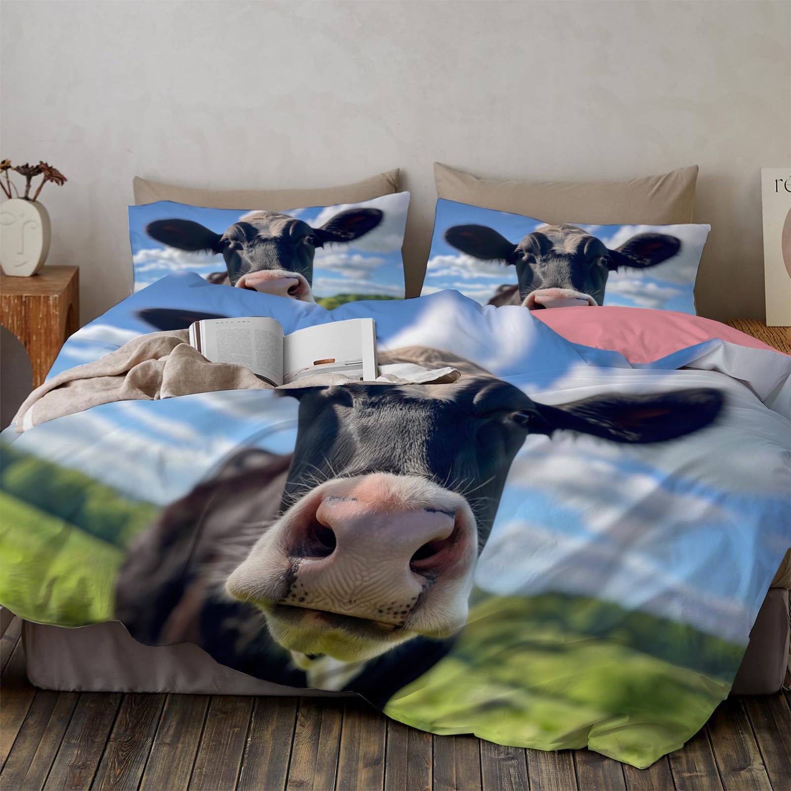 Housse de couette bœuf 140x200cm : parure de lit réversible anti-plis et facile à laver