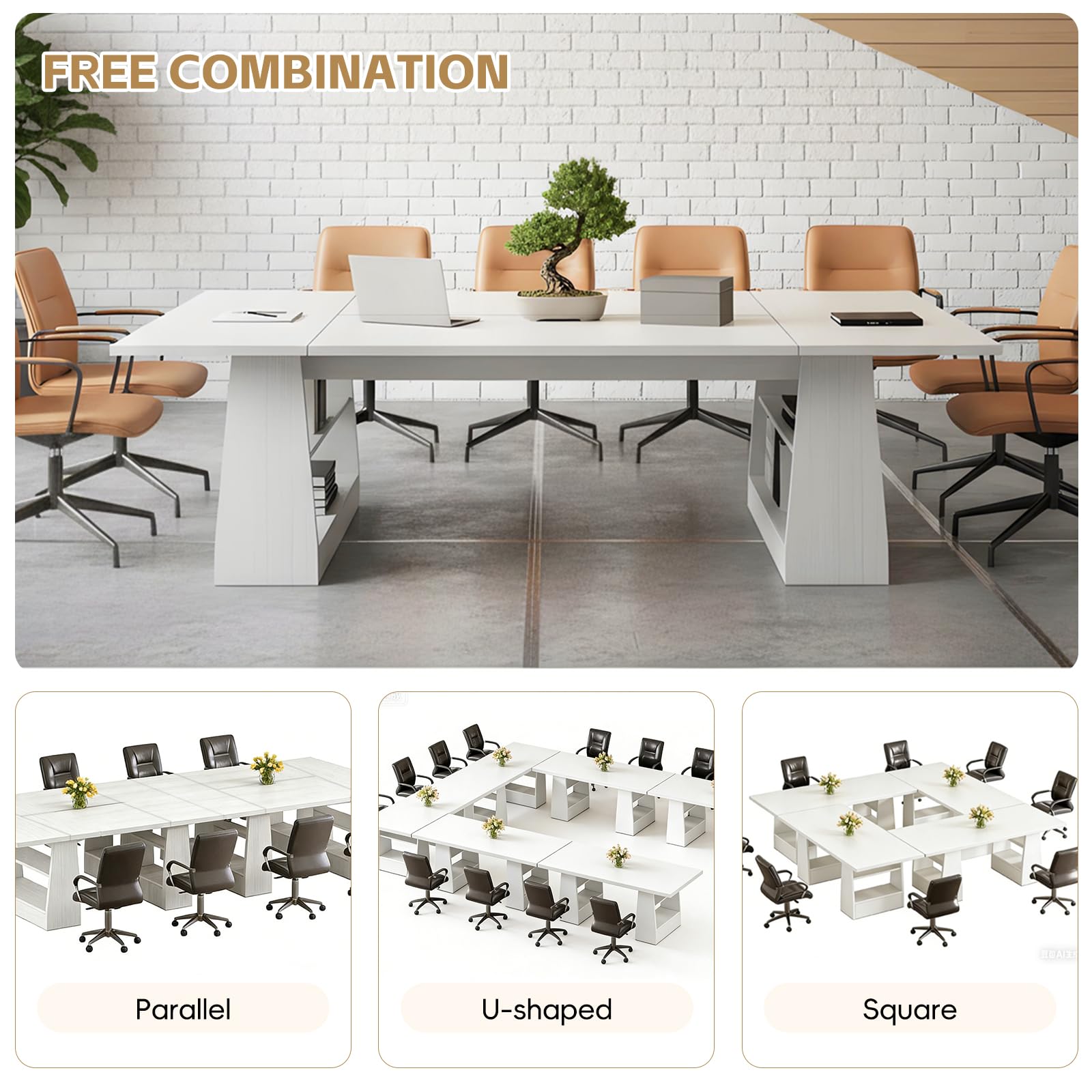 Mesa de conferencias Modular de Madera Maciza con Almacenamiento de Varios Niveles, Resistente a los arañazos, para 4-6 Personas