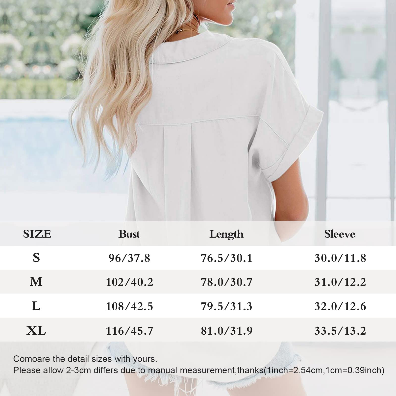 Xnova Bluzki Damskie Koszule Krótki Rękaw Guzik Oversize Eleganckie, Biznesowe Topy z Kołnierzykiem i Kieszeniami na Klacie, Casualowe Bluzki Bluzki Top Leisure