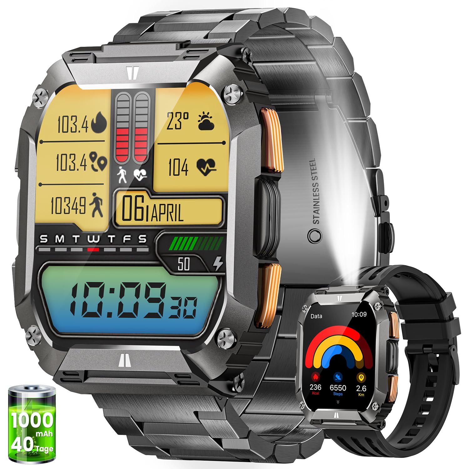 Montre Connectée Homme avec LED Lampe/1000mAh Batterie, 2.01" AMOLED Smartwatch Militaire avec Appel Bluetooth, 113 Modes Sportifs, 5 ATM Étanche, 24/7 Fréquence Cardiaque/Sommeil Android iOS
