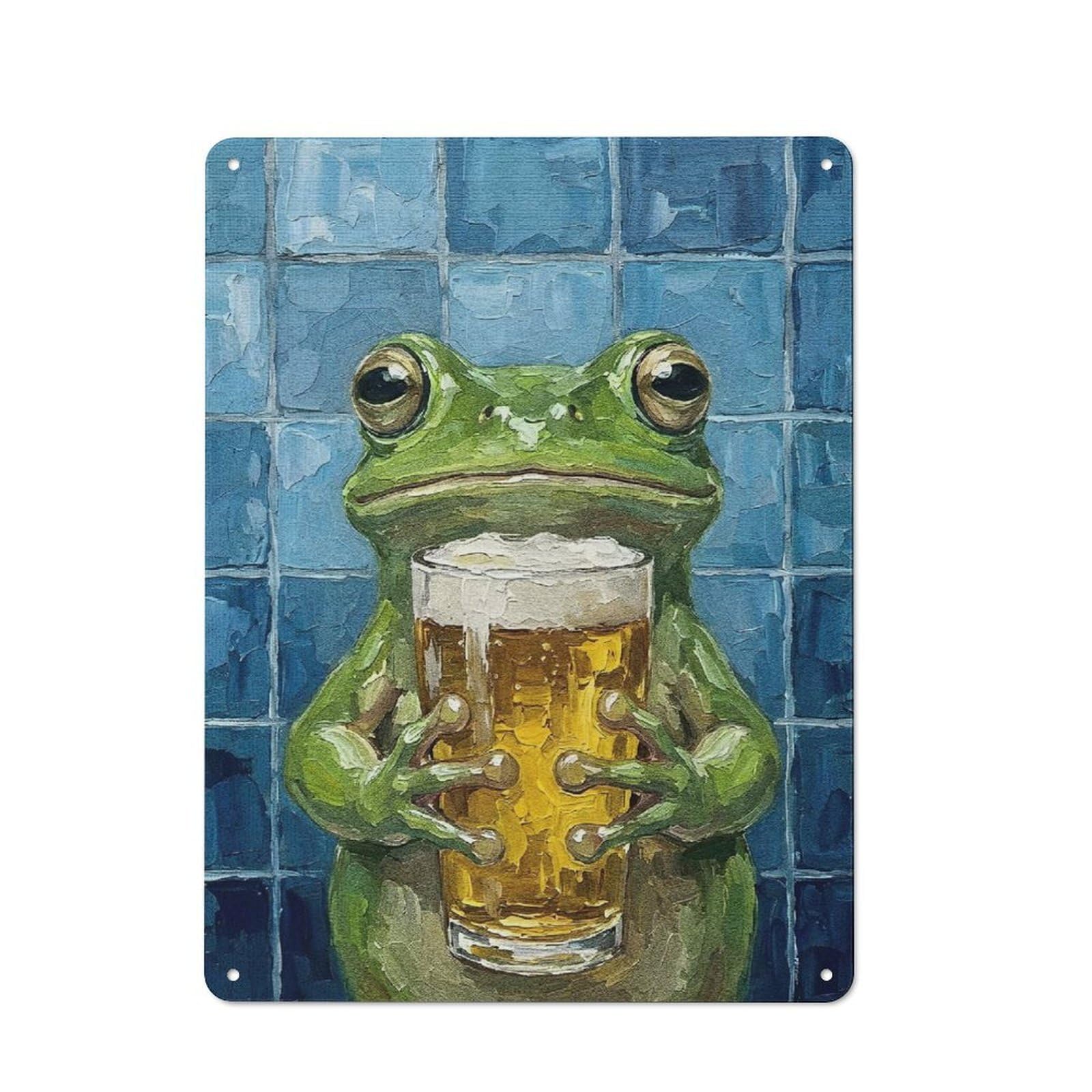 Junmoney Style-8 Frog Holding Beer Glass Painting Printed Metal Sign 40X30cm For Café Or Home Bar, For Kitchen And Home Bar Decor, For Cafés, Pubs And Restaurants