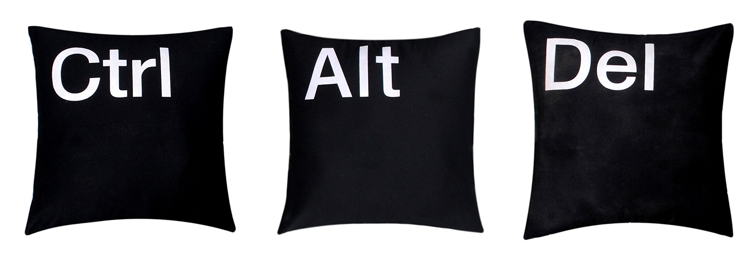 Bullahshah 'Ctrl Alt Del' Set of 3 Premium Quality Chenille Cotton Black 16" X 16" Cushion Covers Pillow