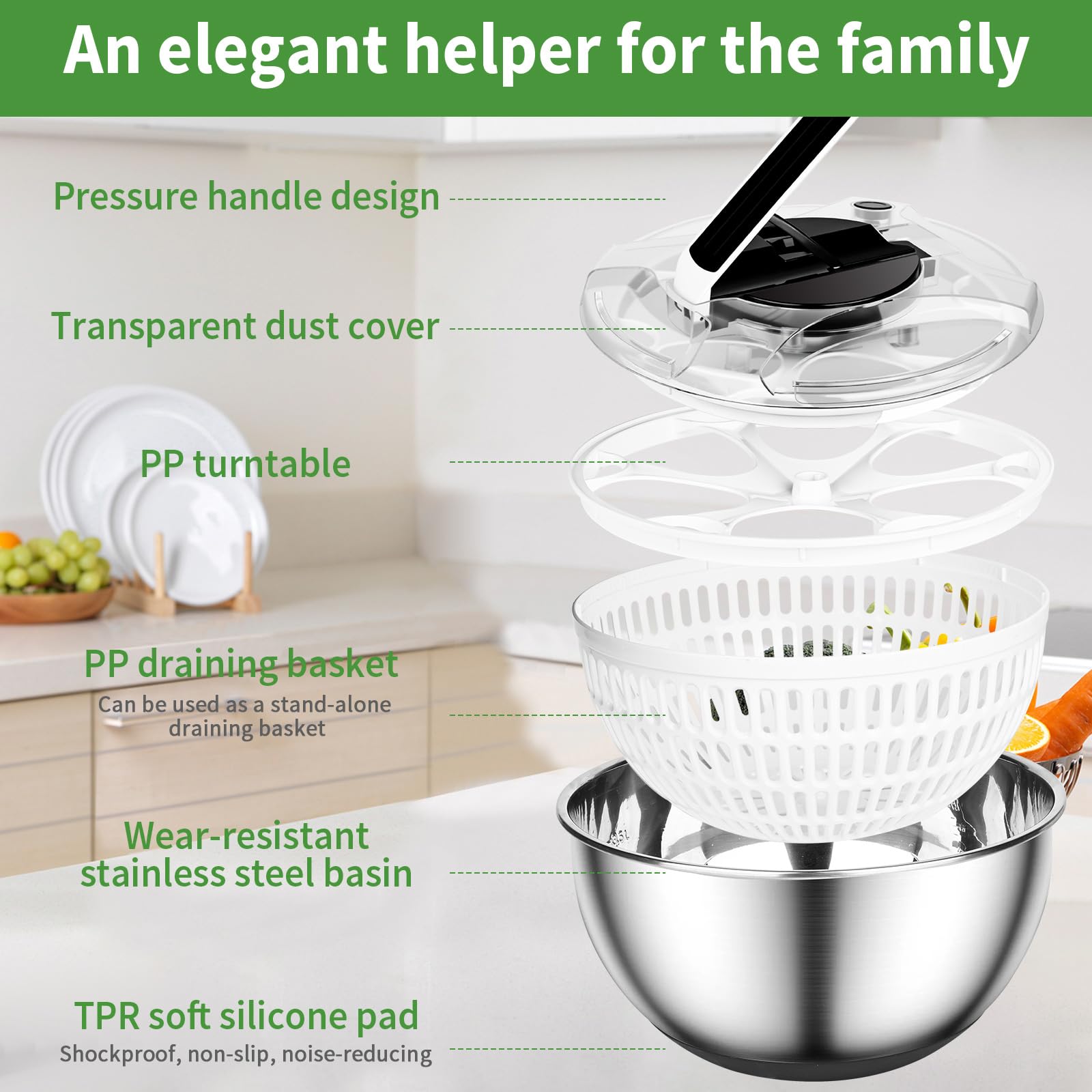 ZWOOS 4,5 L Essoreuse à Salade Acier Inoxydable Grande Sécheuse à Légumes à Pression Facile à Une Main avec Couvercle ase Antidérapante Bouton Stop Salad Spinner pour Laitue Légumes Herbes Baies