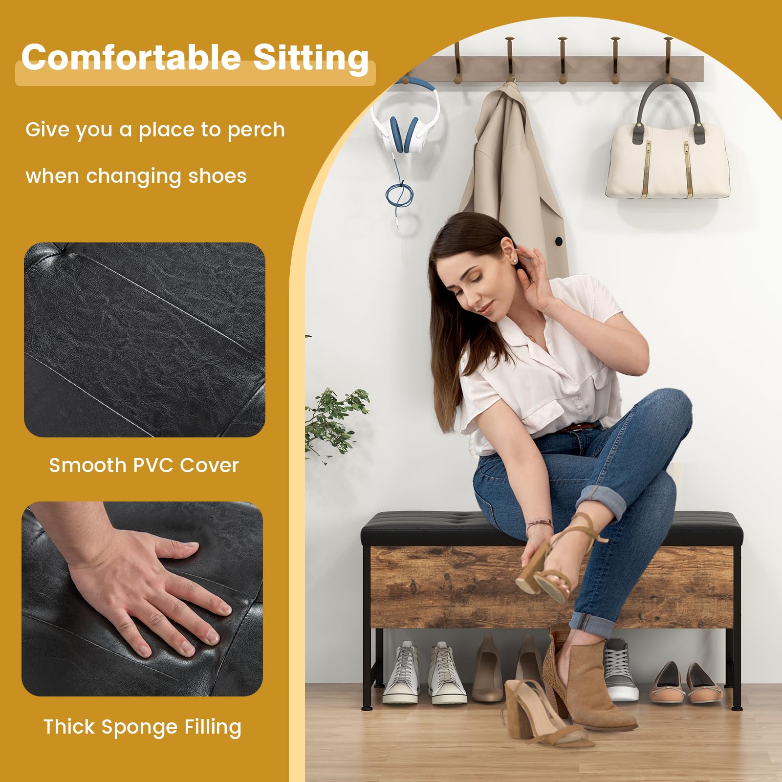 GOPLUS - Banco de almacenamiento de madera con asiento acolchado, carga de 150 kg, caja de almacenamiento estilo industrial con 2 cajones, bisagra de seguridad