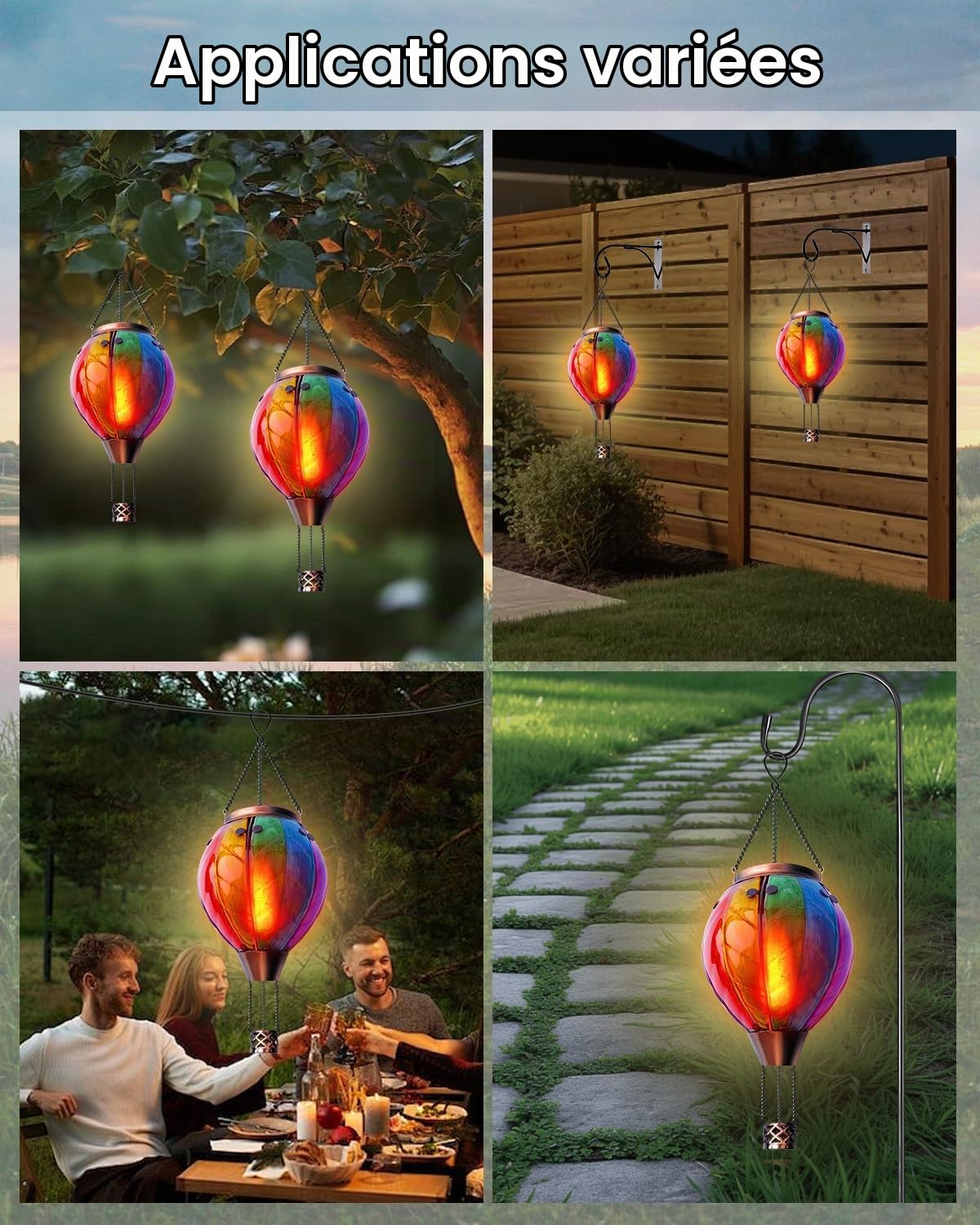 Klarlight Ballon à Air Chaud Lanterne Solaire, Arc-en-Ciel Verre Tache LED Lumières, Imperméable Suspendue Lanterne Solaire avec Lampe de Flamme Clignotant pour Arbre de Cour, en Métal et en Verre