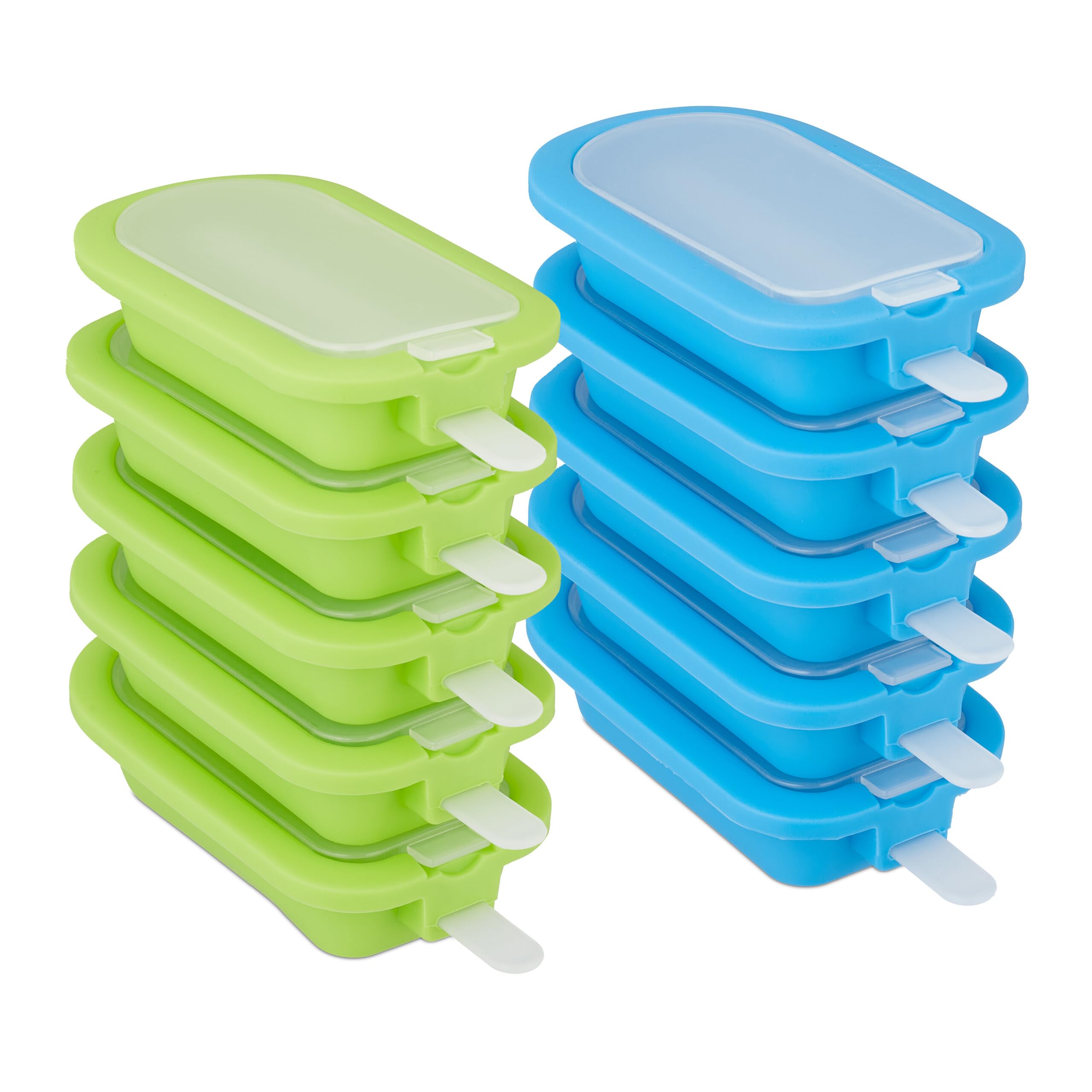 Relaxdays Set 10 Moldes para Helados, Silicona, Recipientes para Congelar Polos, sin BPA, Tapa y Palito, Verde y Azul