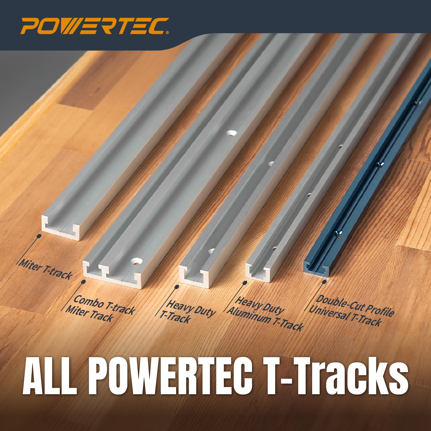 POWERTEC 48" Miter T Track for Router Table, Works With Table Saw Sled, Miter Gauge, Featherboard, Miter Bar, and other T Track Accessories for woodworking, 4PK (71167-P4)