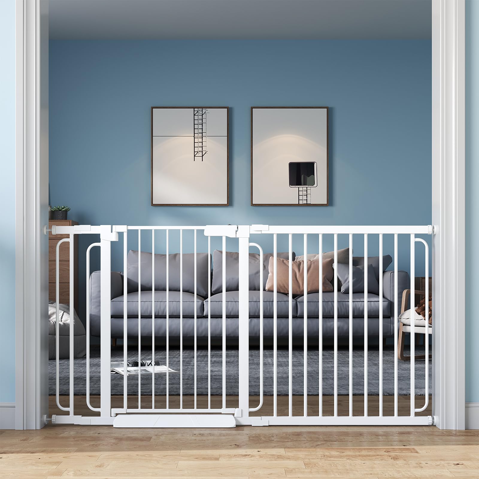 Extra Wide Baby Gate with Door 57.5-66 Inch Pressure Mounted, Auto Close Child Baby Gates for Doorways No Drill, Walk Through Dog Gate Indoor for The