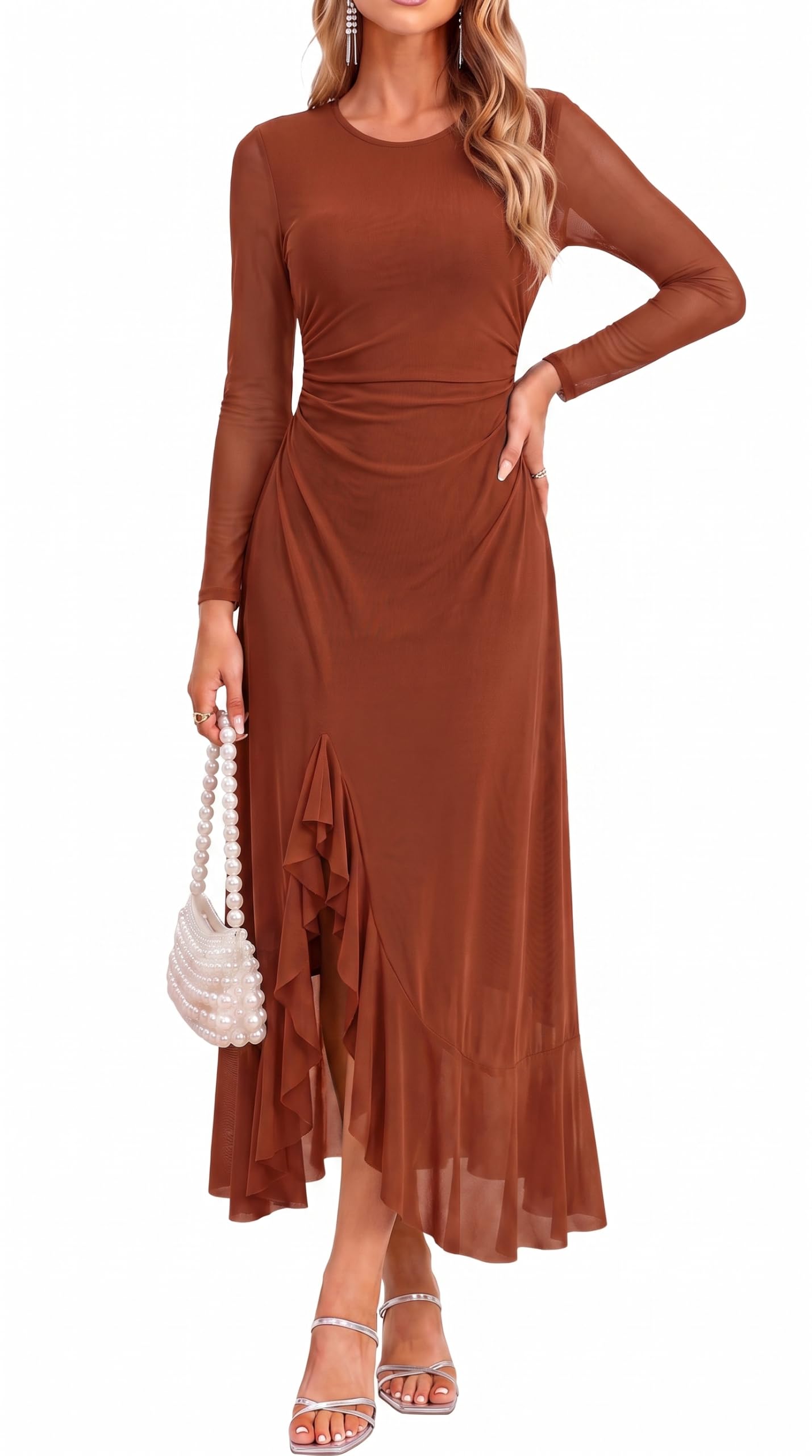 GRACE KARIN Damen Langarm Figurbetont Abendkleid mit Schlitz | Cocktail, Rundhals & langen Mesh‑Ärmeln, Asymmetrischem Volant‑Saum, Elastisch, Gefüttert, Ideal für Fest‑ und Party‑Anlässe