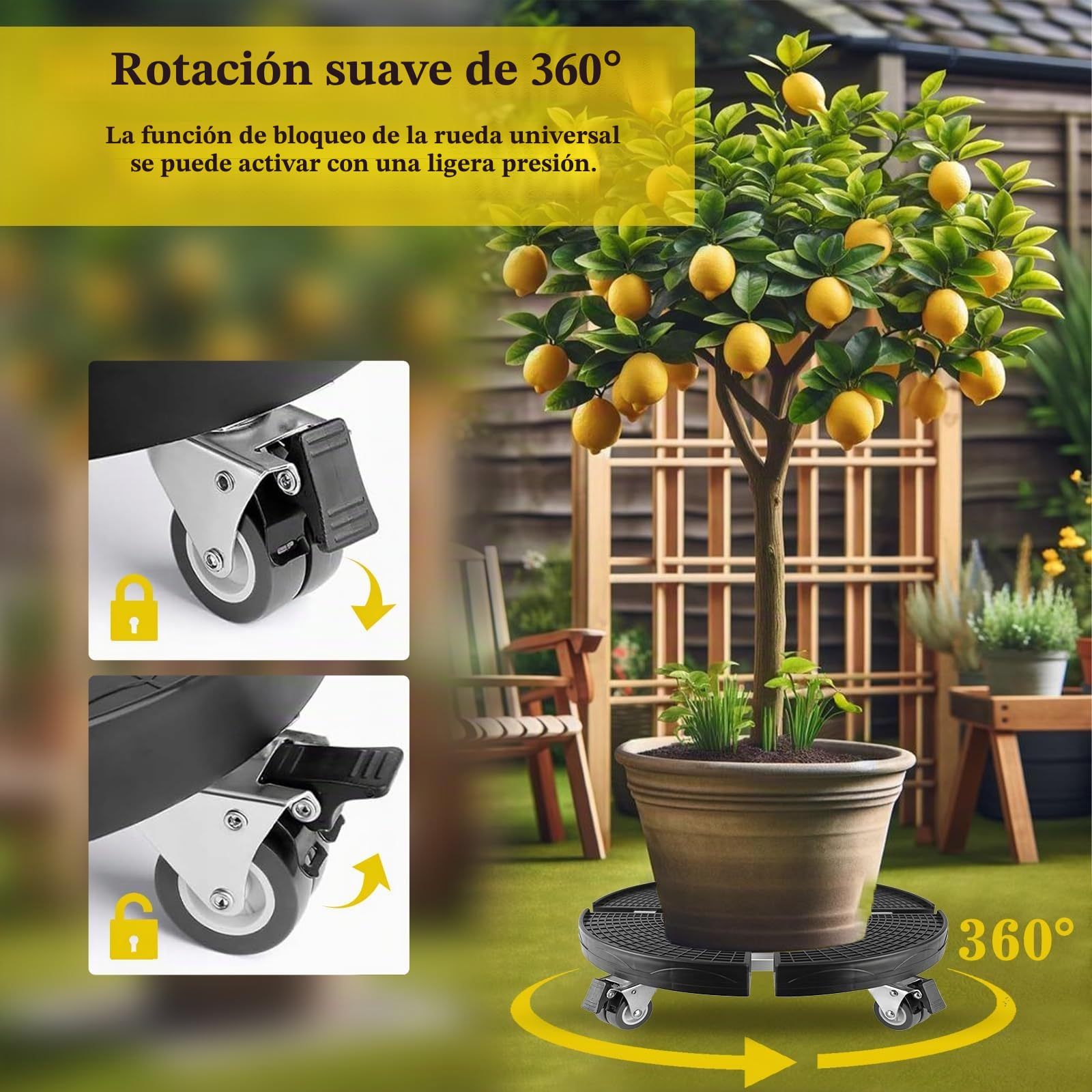 Plataforma con Ruedas Ajustable 38-59 cm, Soporte para Plantas con Ruedas 360°Giratorias Bloqueables, Base con Ruedas para Macetas Capacidad de 250 KG, Carro Transporte para Jardín (A)