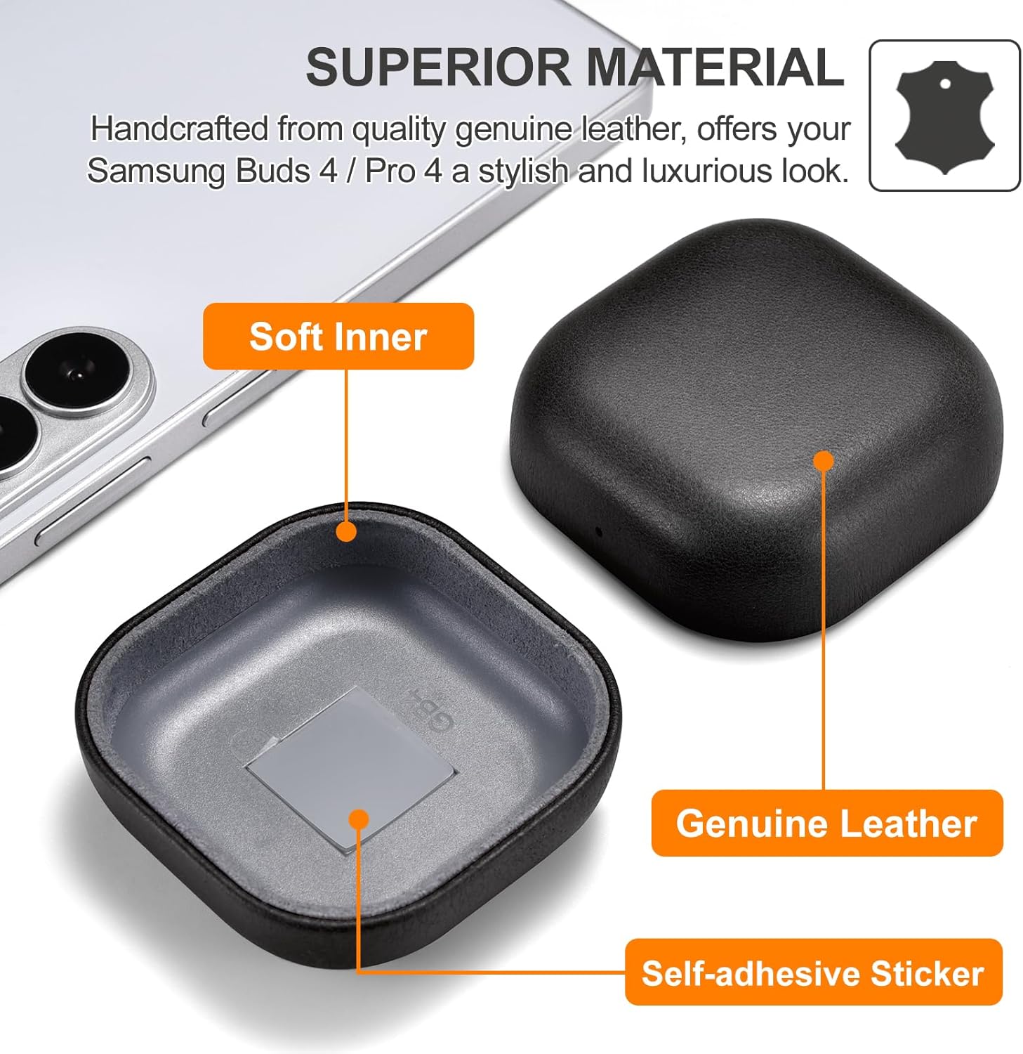 Samsung Buds 4/Buds 4 Pro Case, ICARER 100% Genuine Leather Case, Handmade Hard Cover with Top Grain Leather, Shockproof, Wireless Charging Compatible, for Samsung Buds 4/Buds 4 Pro (Black)