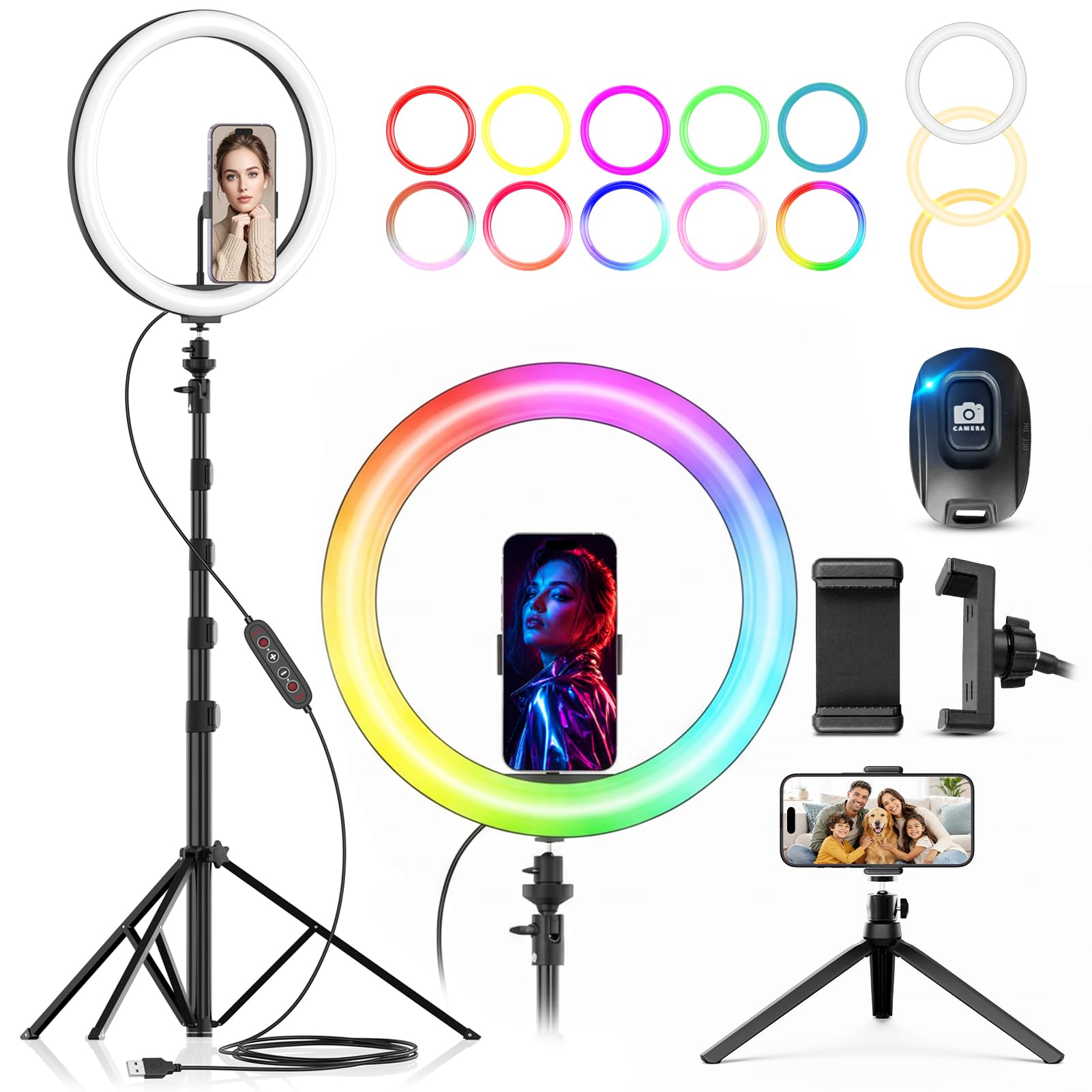 12 Zoll Ringlicht mit Stativ Handy, Tisch LED Ring Light Kamera Handystativhalter mit Ringleuchte für YouTube, Selfie, Makeup, Fotografie, 48 RGB-Modi 13 Helligkeit