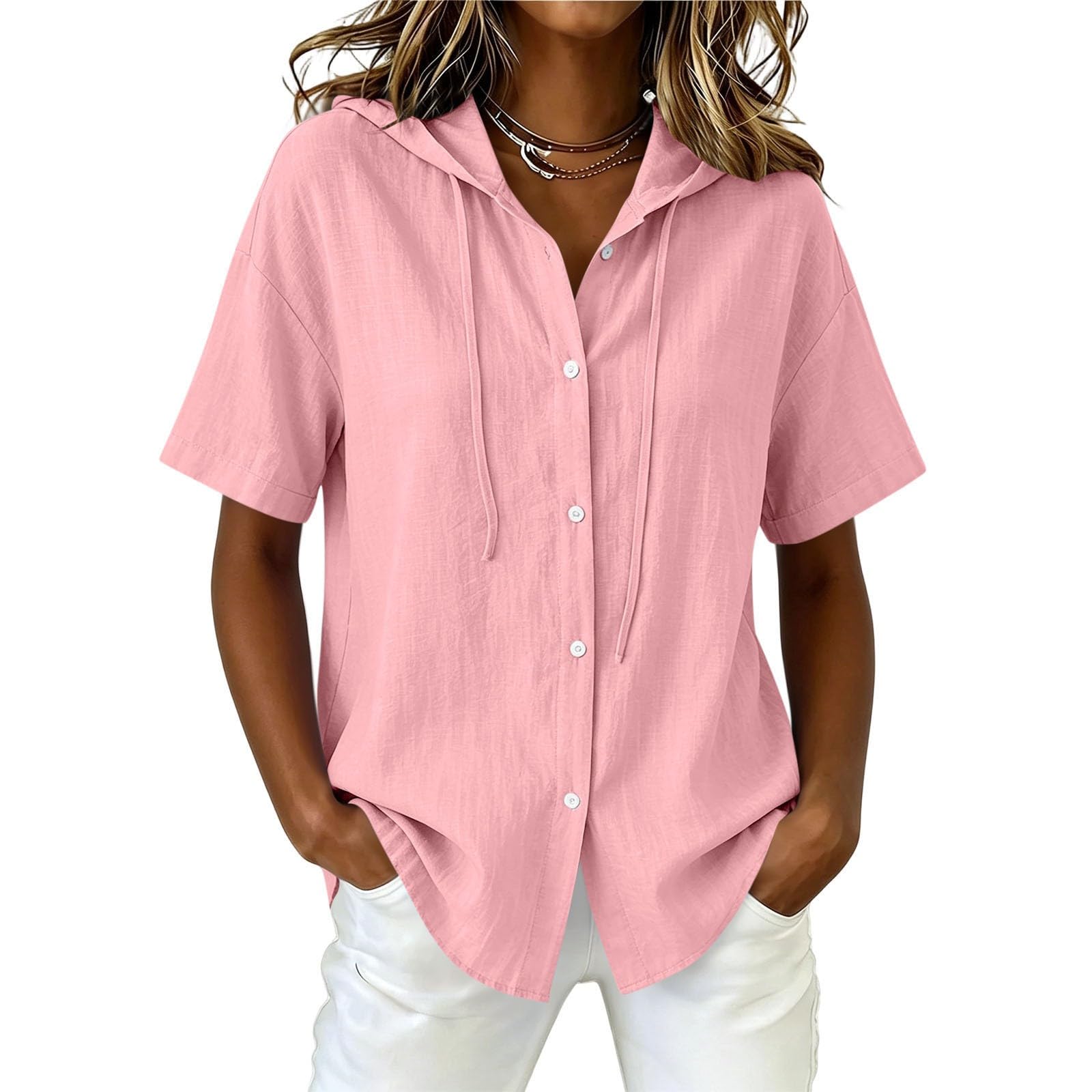 Maglia estiva da donna con cappuccio, a maniche corte, tinta unita